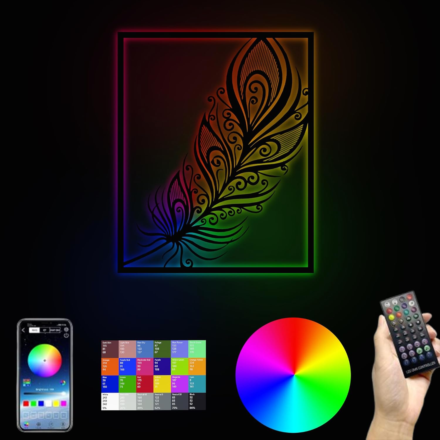 CNC Wood LED Feather Wall Art with RGB Control