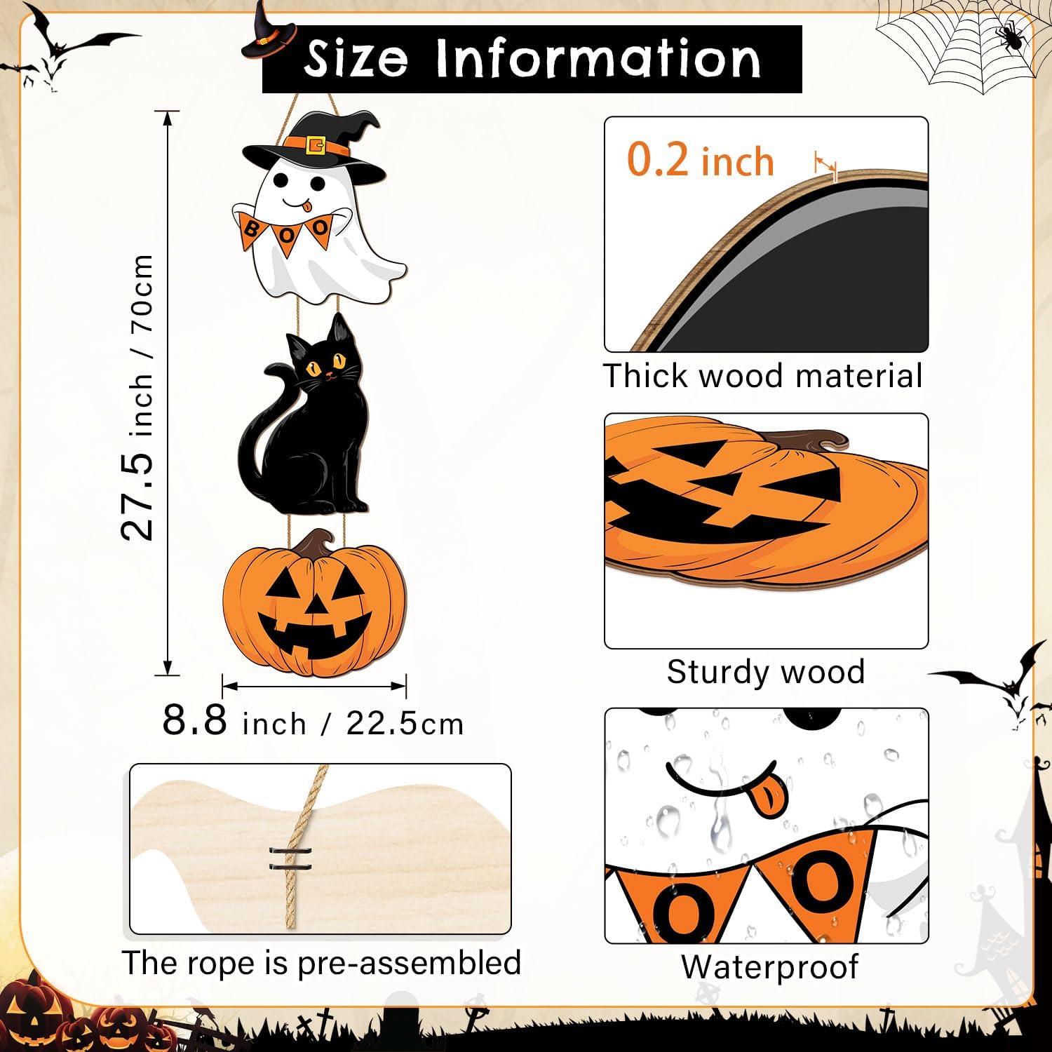 Halloween Decor Wooden Sign with Ghost and Cat