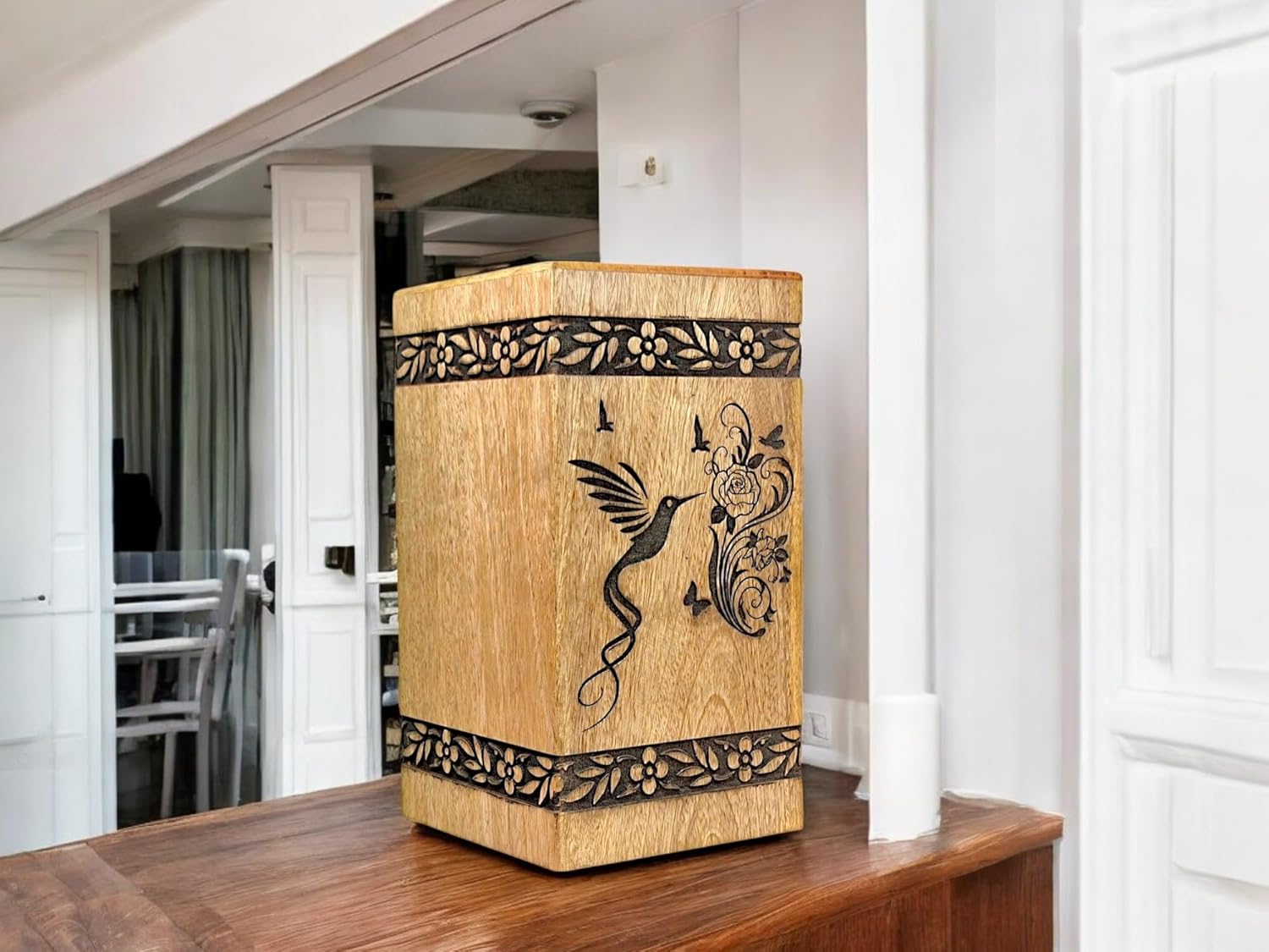 Handcrafted Wooden Cremation Urn with Bird Engraving