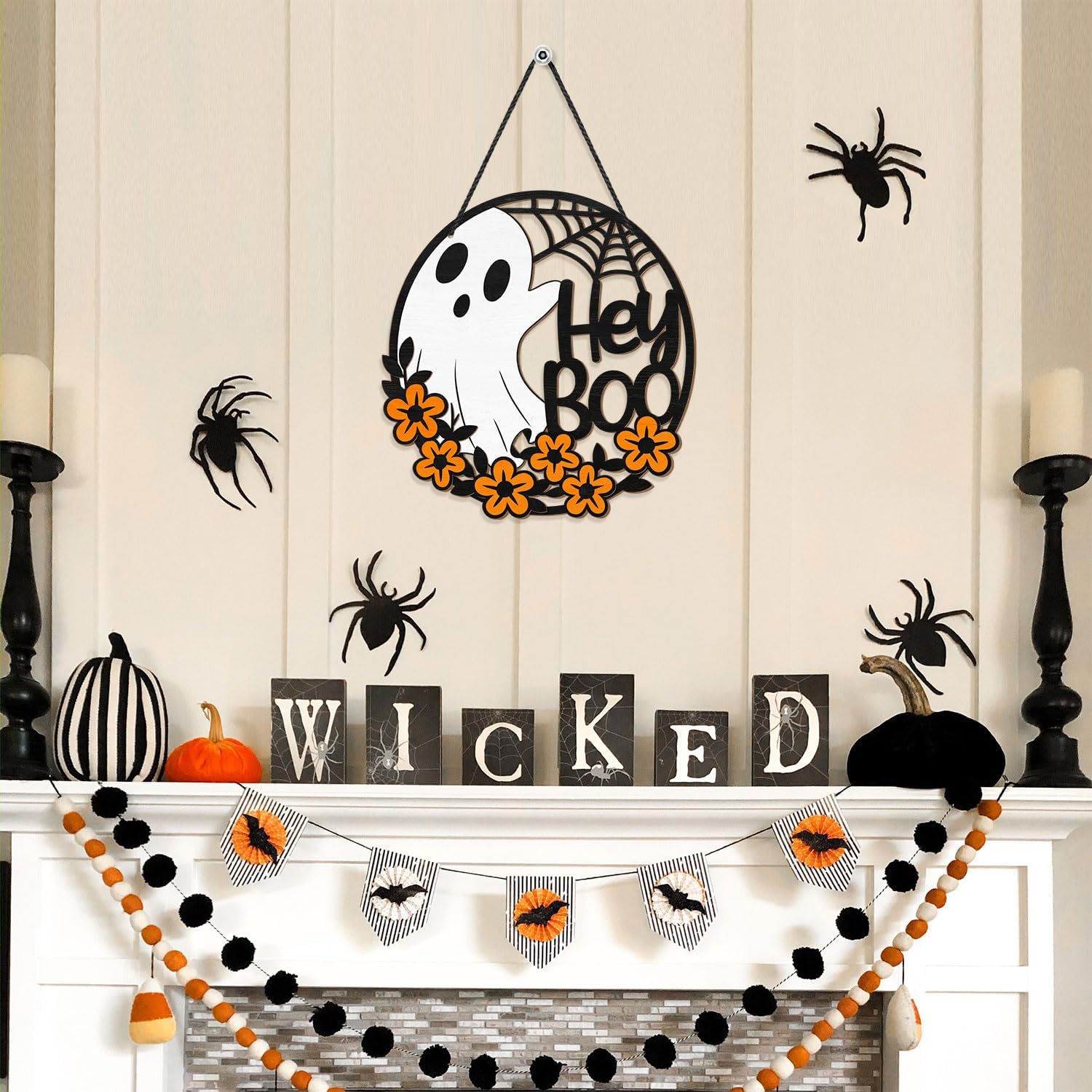 Halloween Hey Boo Ghost Flower Door Sign Decor