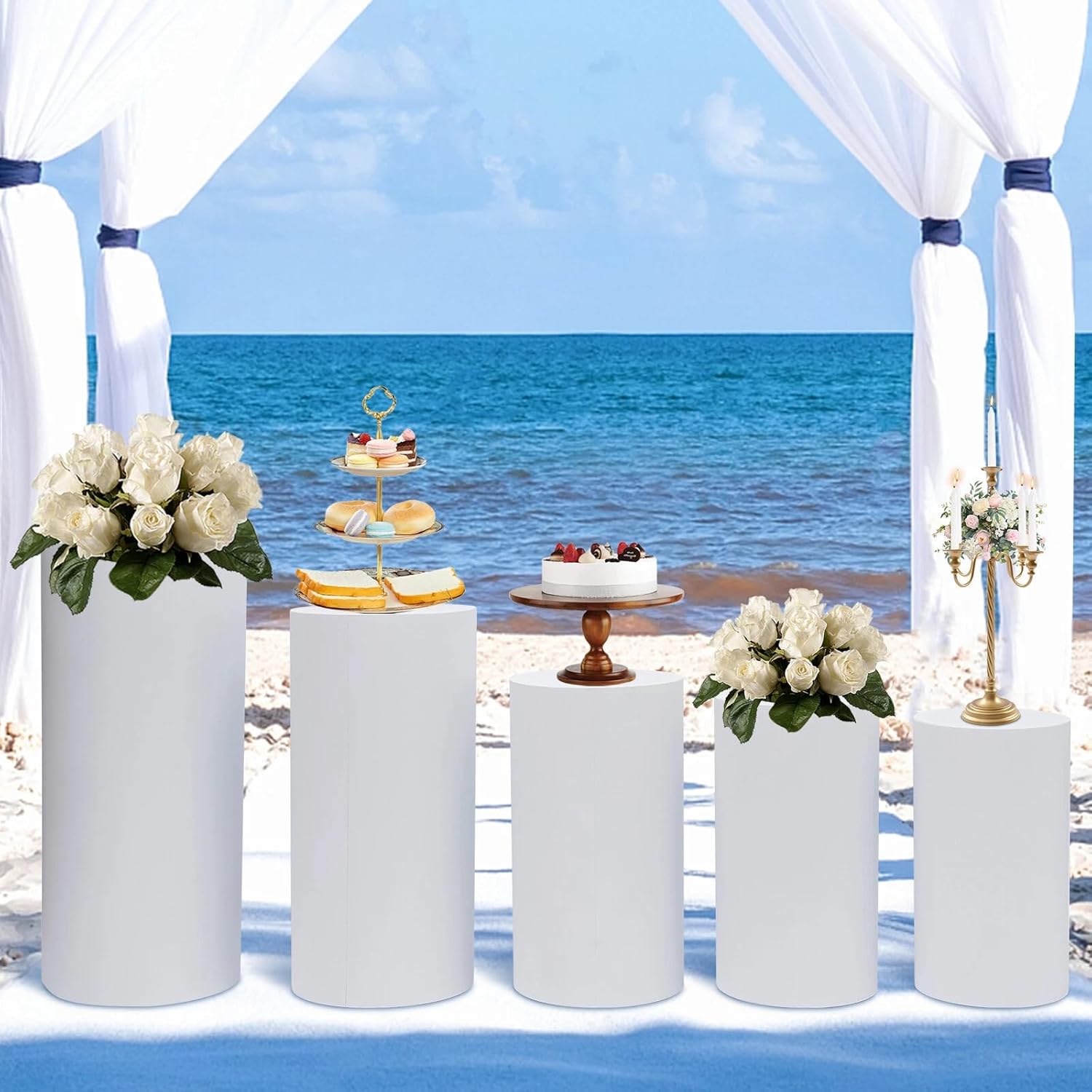 Ringmaster 5Pcs White Metal Cylinder Pedestal Stands for Party