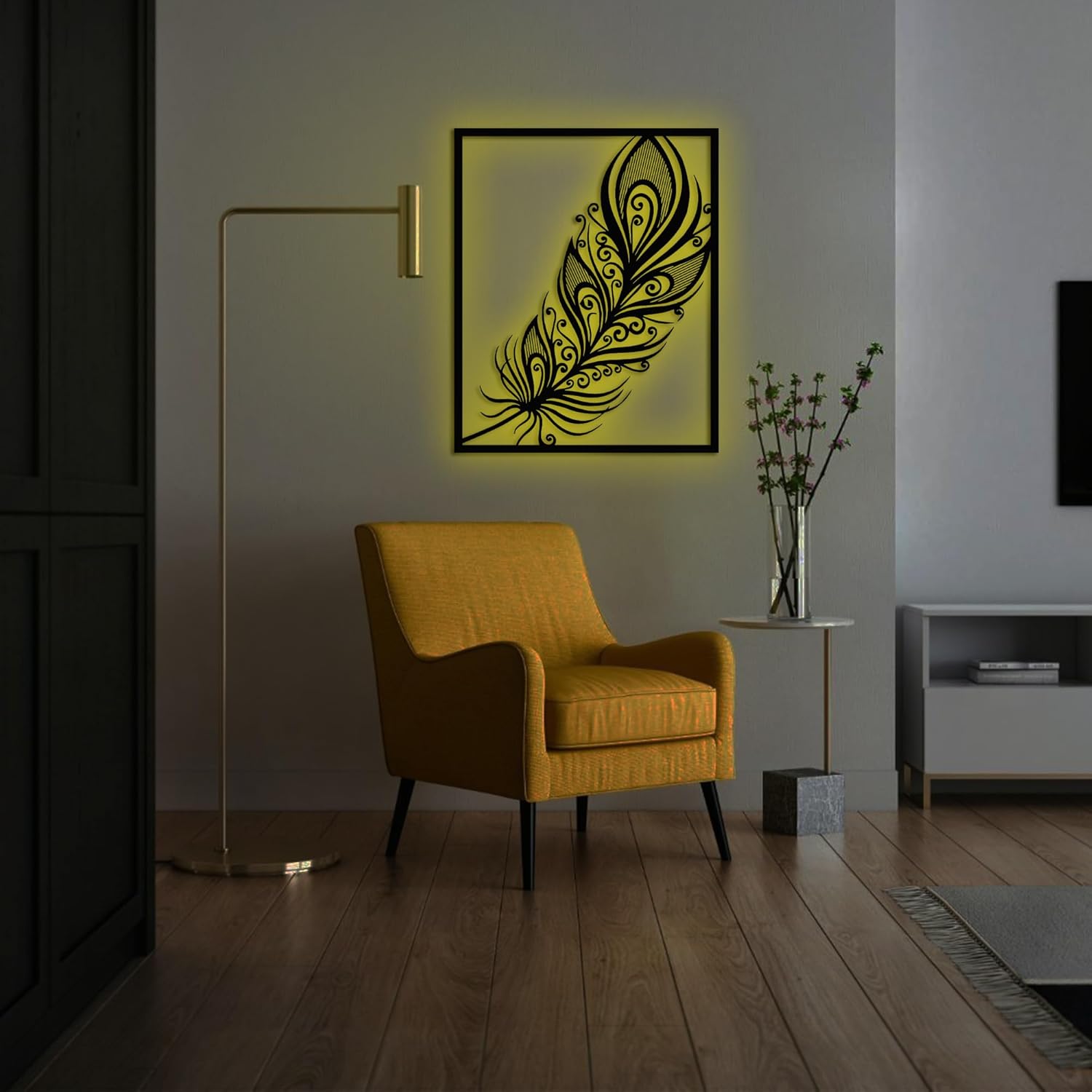 CNC Wood LED Feather Wall Art with RGB Control