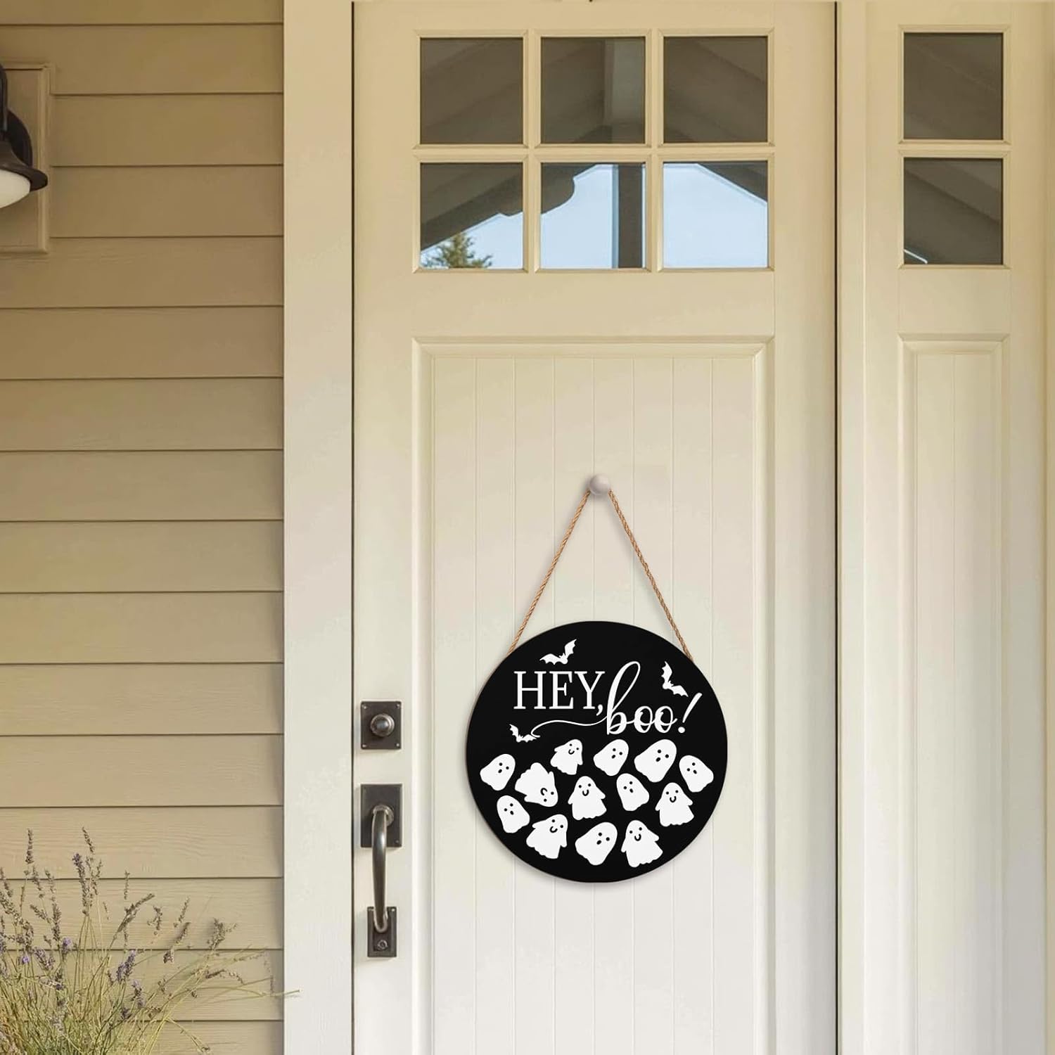 Hey Boo Halloween Wreath 12x12 Inch Wood Door Hanger