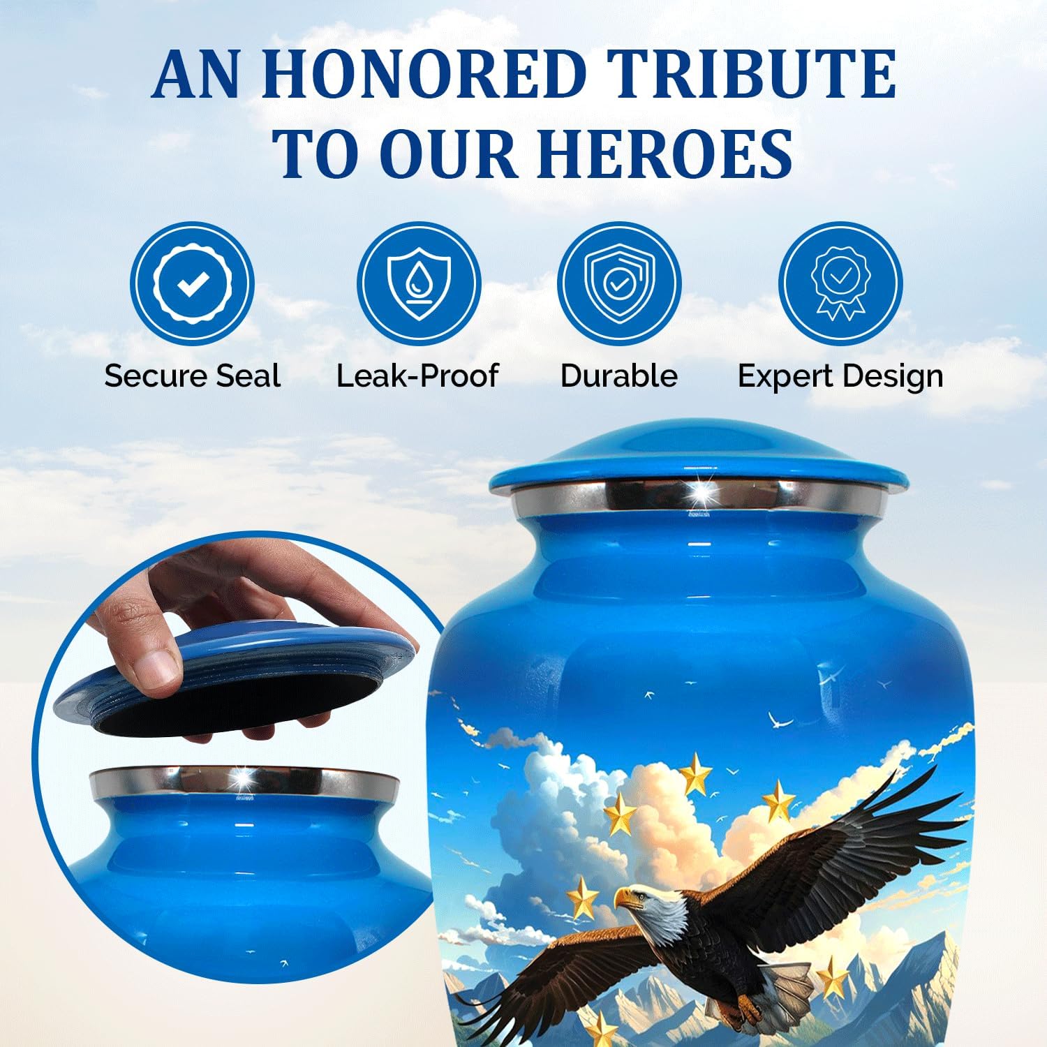 Eagle Flag Cremation Urn for Adult Male - Patriotic Cobalt Blue Large