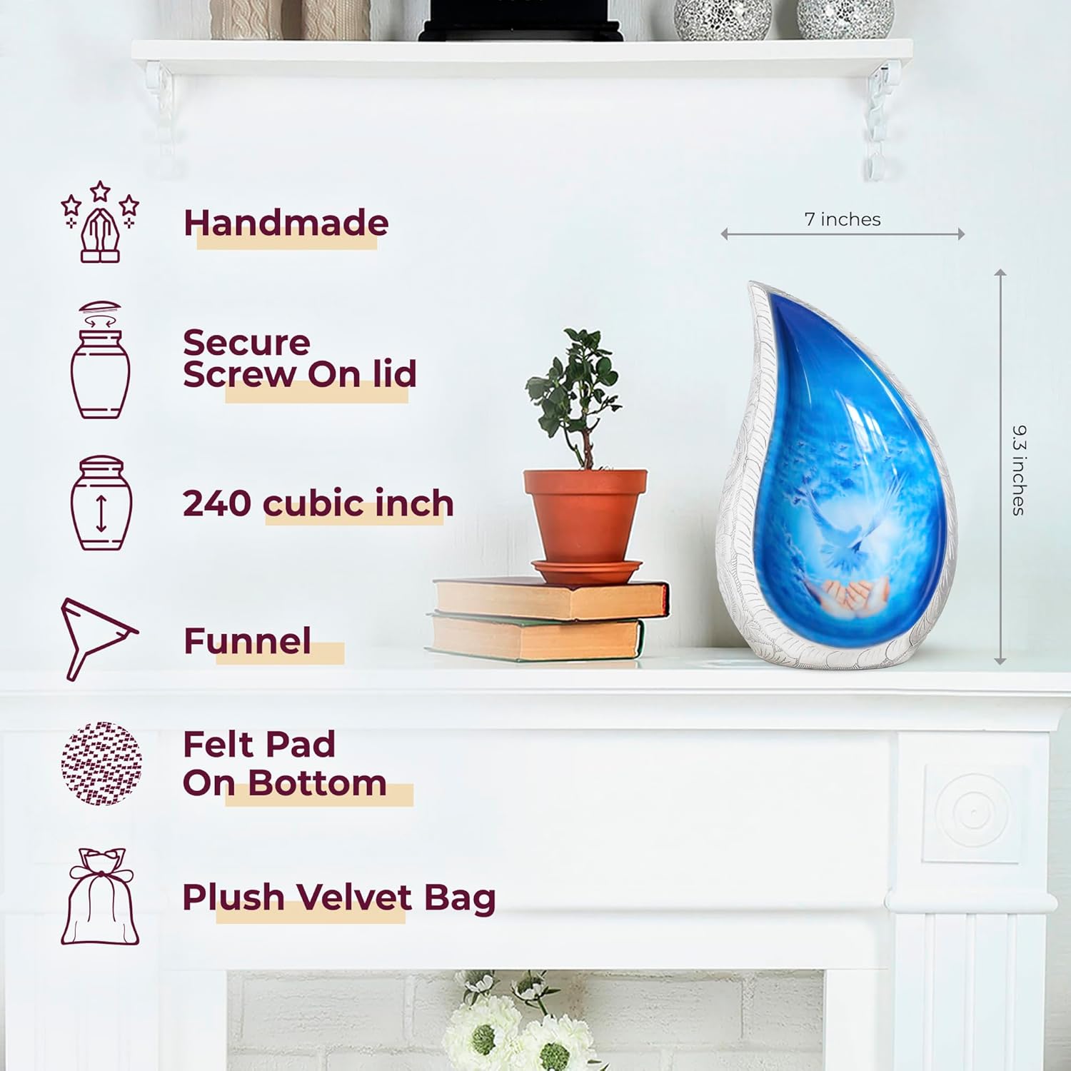 Trupoint Memorials Cremation Urns for Human Ashes White Blue Teardrop Dove