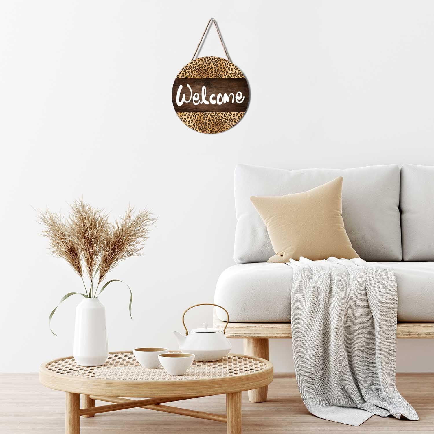 Welcome Leopard Wreath Door Sign 12x12 Inch