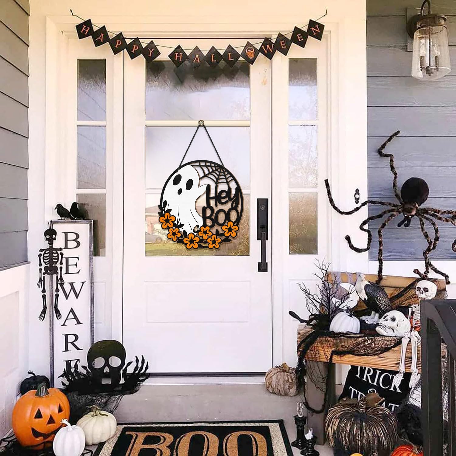 Halloween Hey Boo Ghost Flower Door Sign Decor