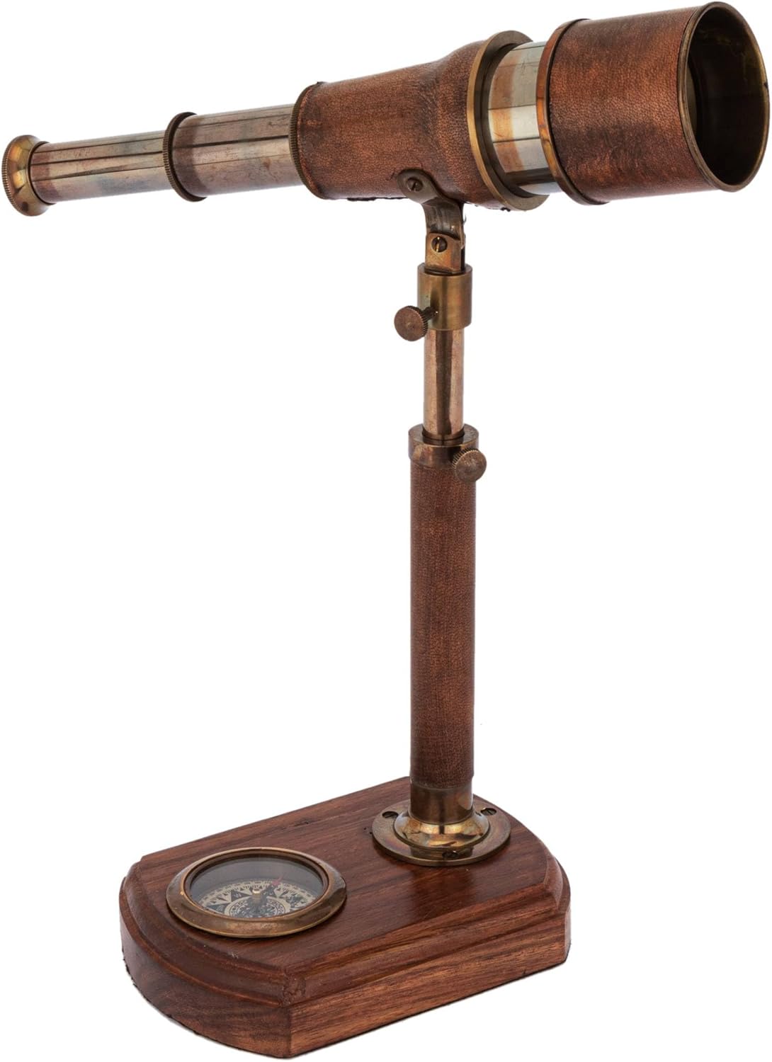 25cm Antique Brass and Leather Telescope with Compass