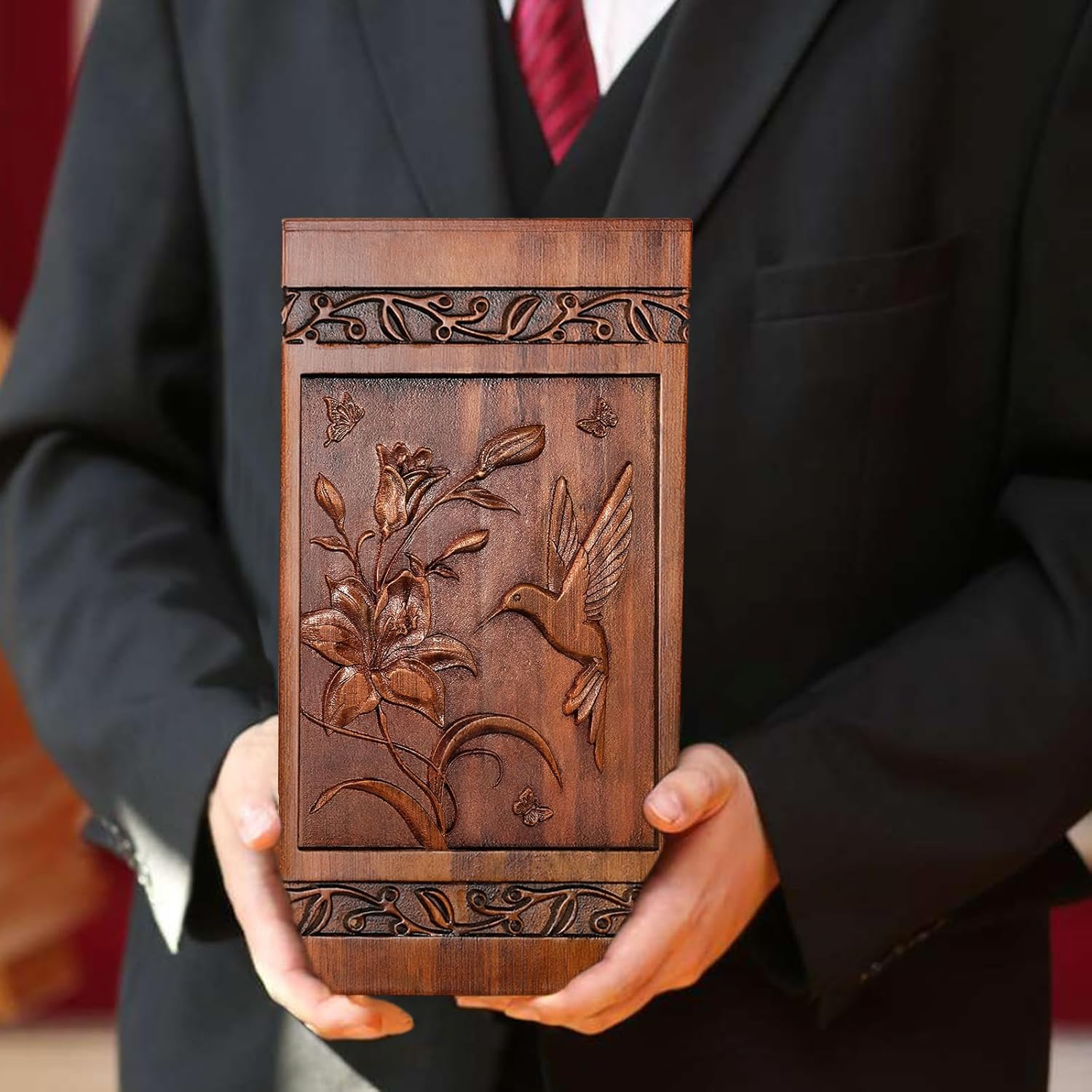 Handcrafted Wooden Cremation Urn with Hummingbird Design