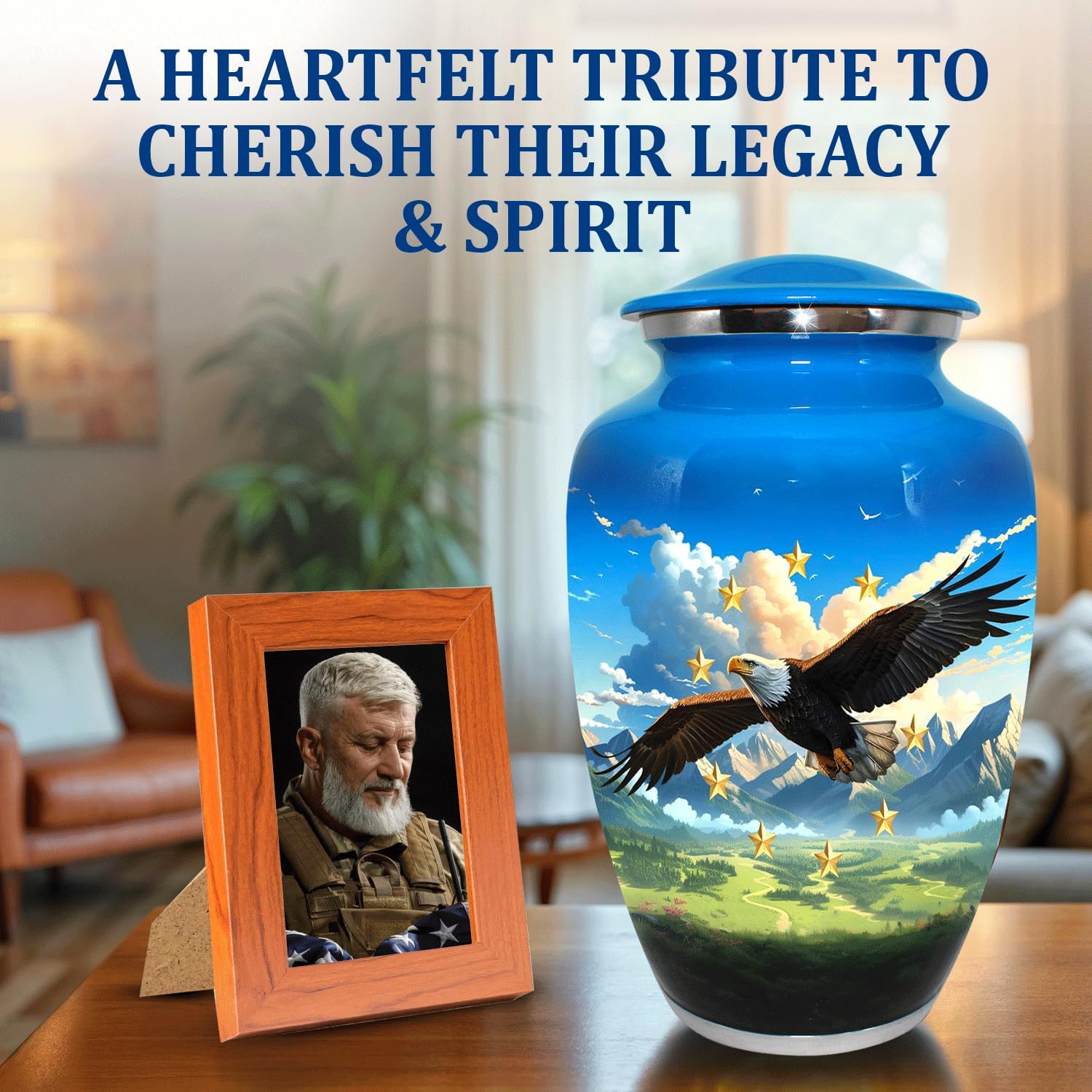 Eagle Flag Cremation Urn for Adult Male - Patriotic Cobalt Blue Large