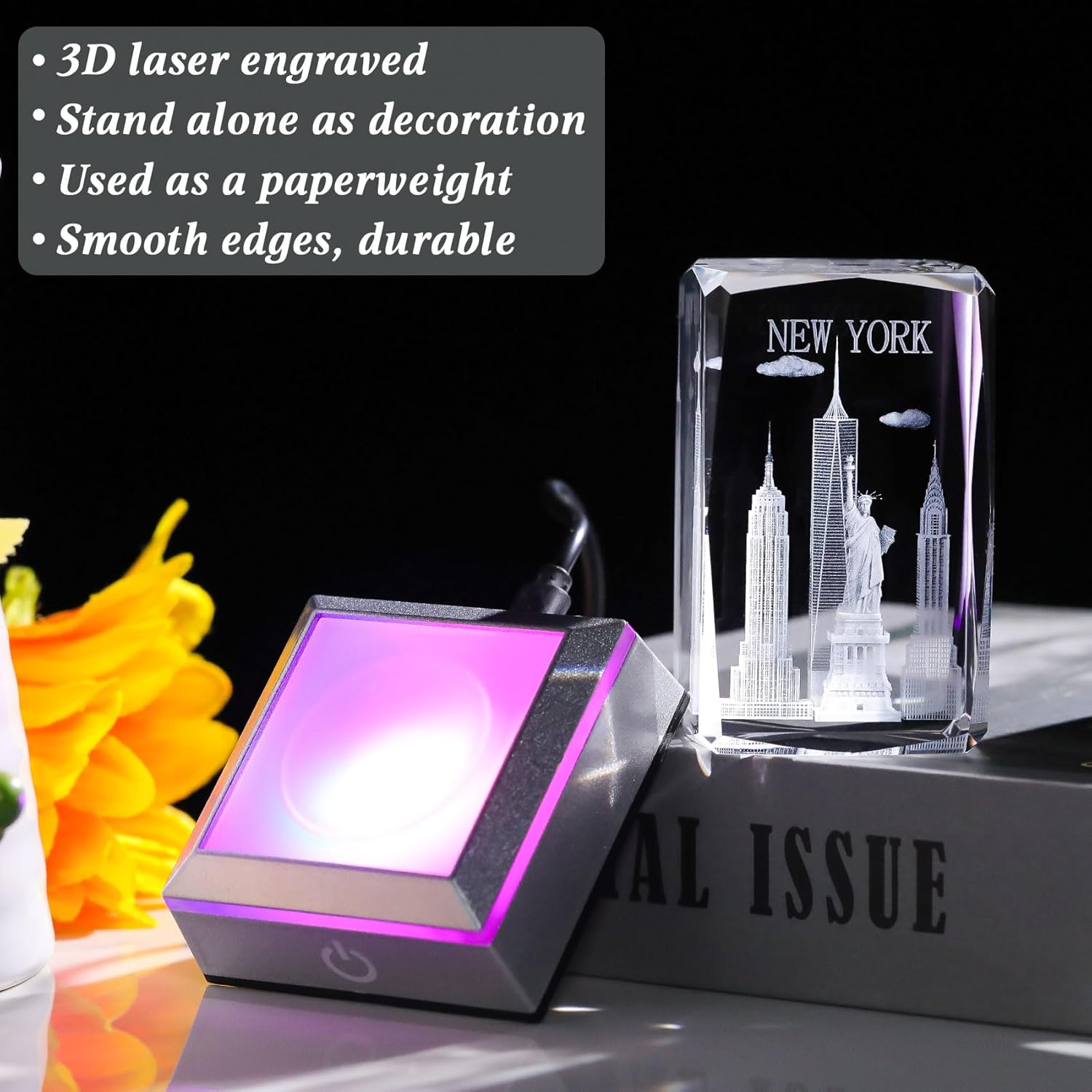 Movdyka 3D Crystal Statue of Liberty Figurine with LED Base