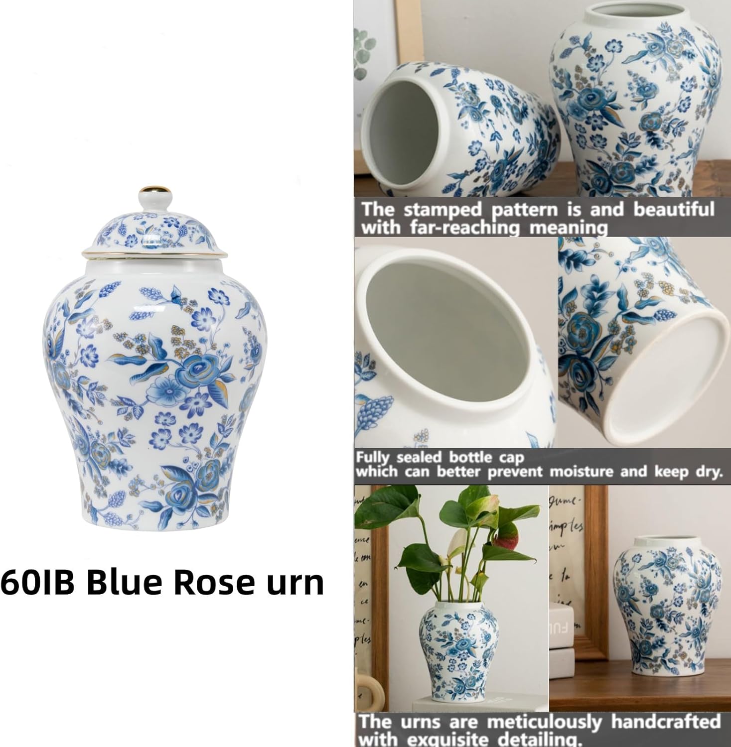 8 Inches Blue Rose Ceramic Urn for Female Keepsake