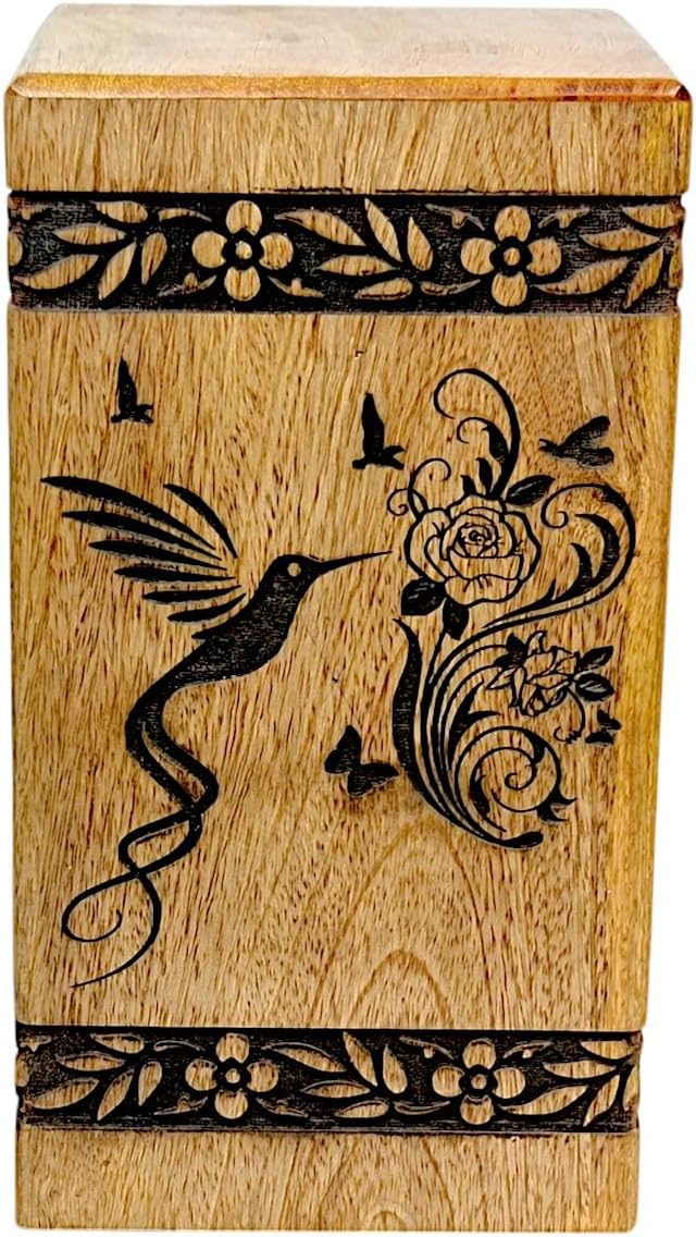 Handcrafted Wooden Cremation Urn with Bird Engraving