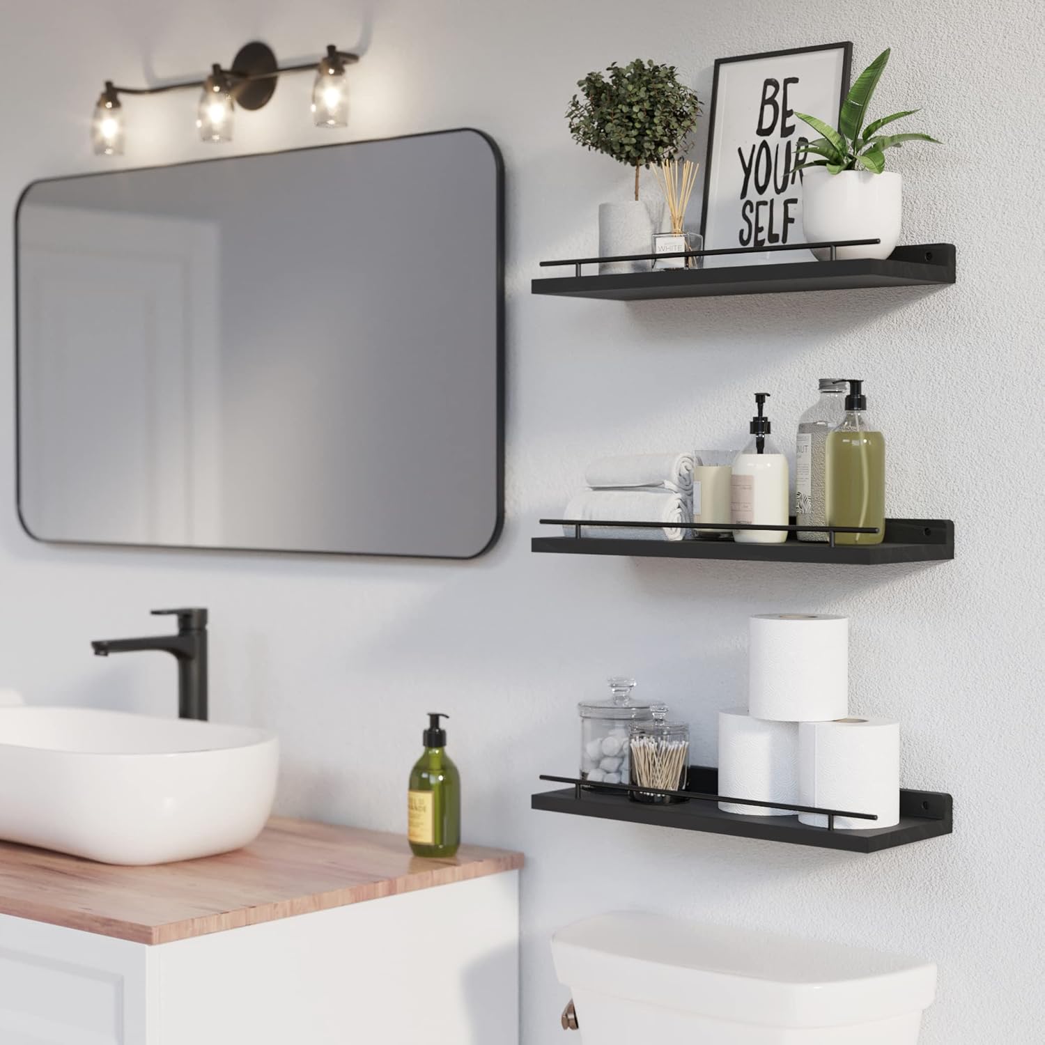 WOPITUES Floating Shelves with Black Metal Guardrail Set of 3