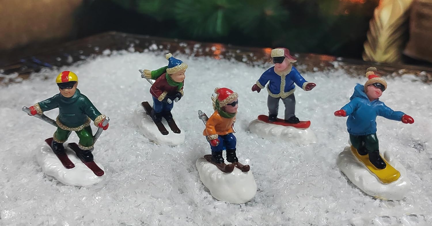 Moments in Time Set of 5 Hand-Painted Christmas Village Skiing Figures