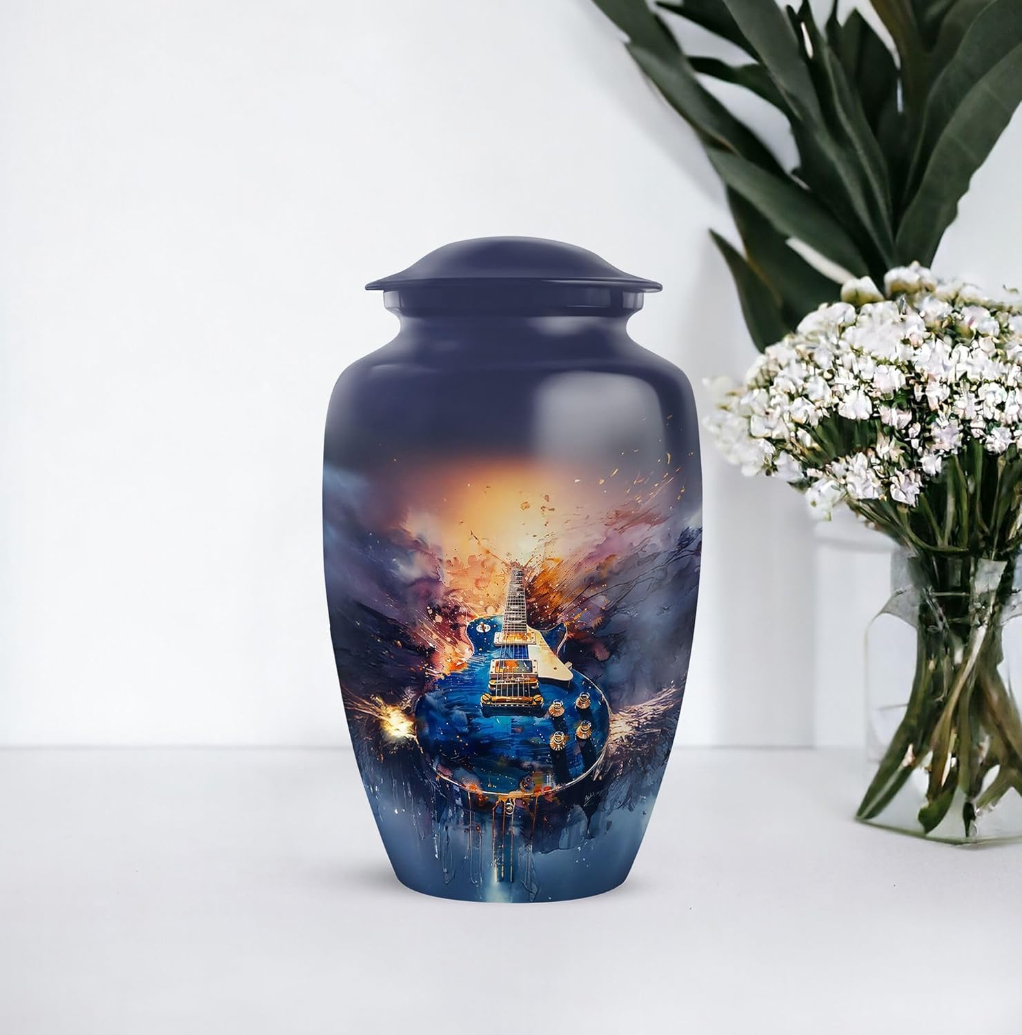 Guitar Cremation Urn for Human Ashes Dark Blue 10 Inch