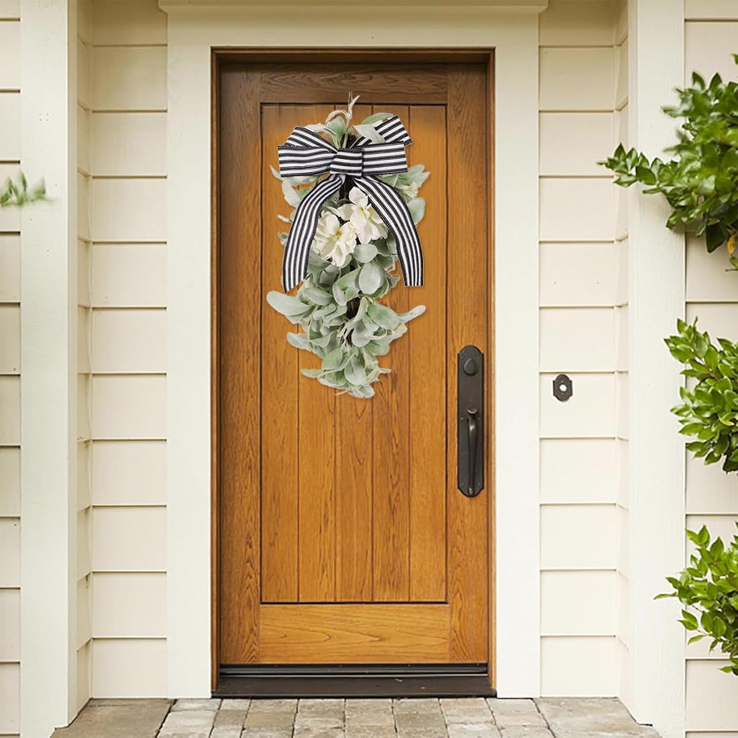 197in Artificial Lamb Ear Teardrop Swag with Magnolia Flowers and Bow