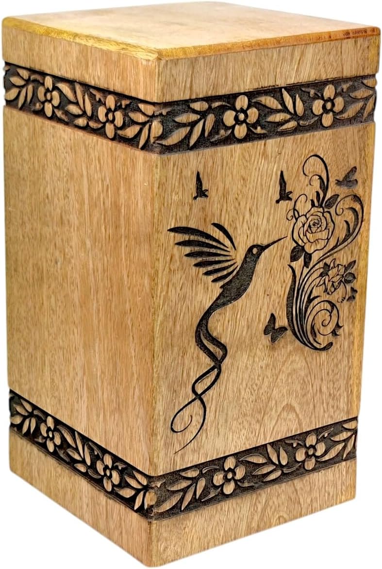 Handcrafted Wooden Cremation Urn with Bird Engraving