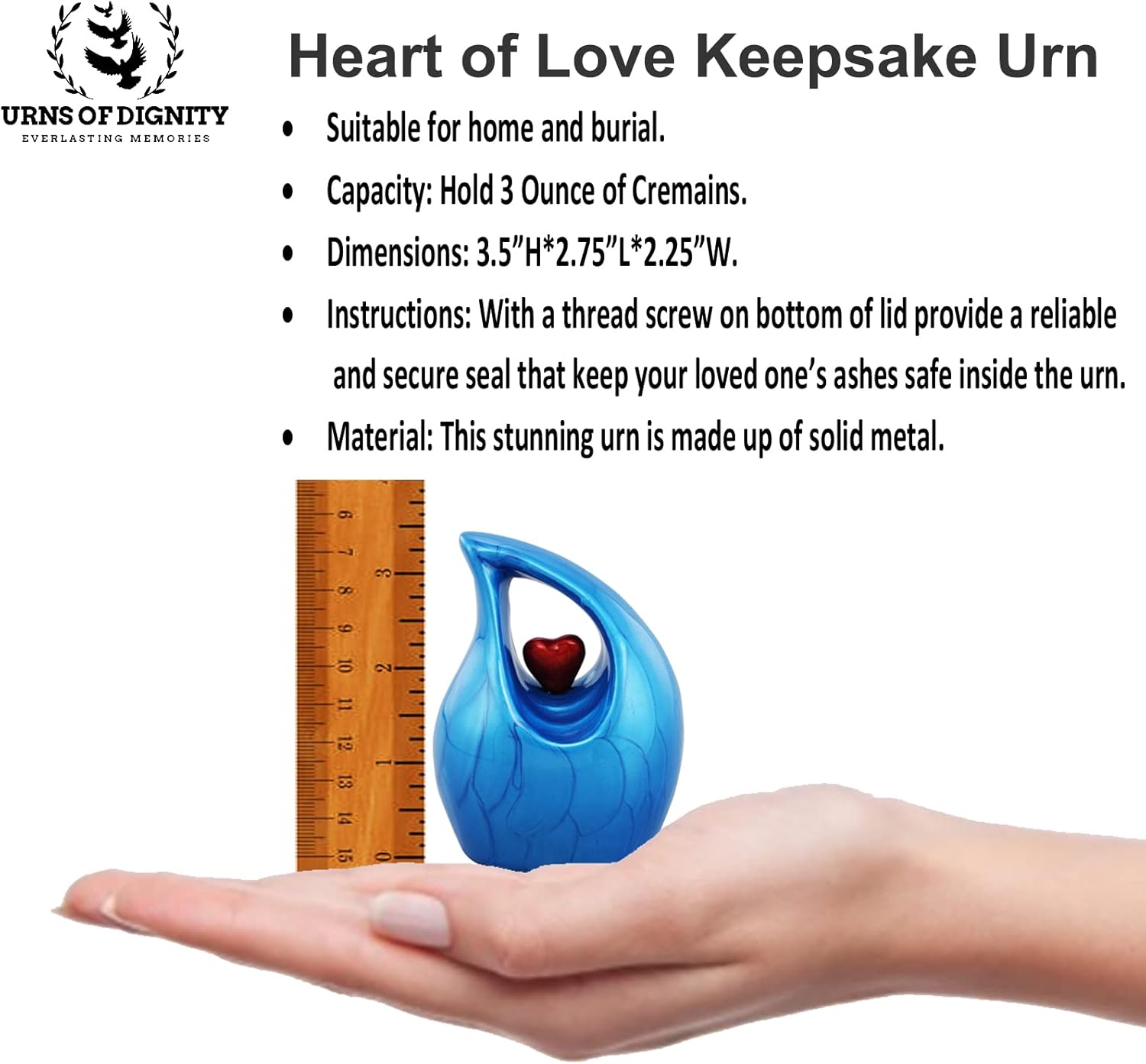 Heart of Love Cremation Urn Elegant Memorial Keepsake Blue Red 4 oz