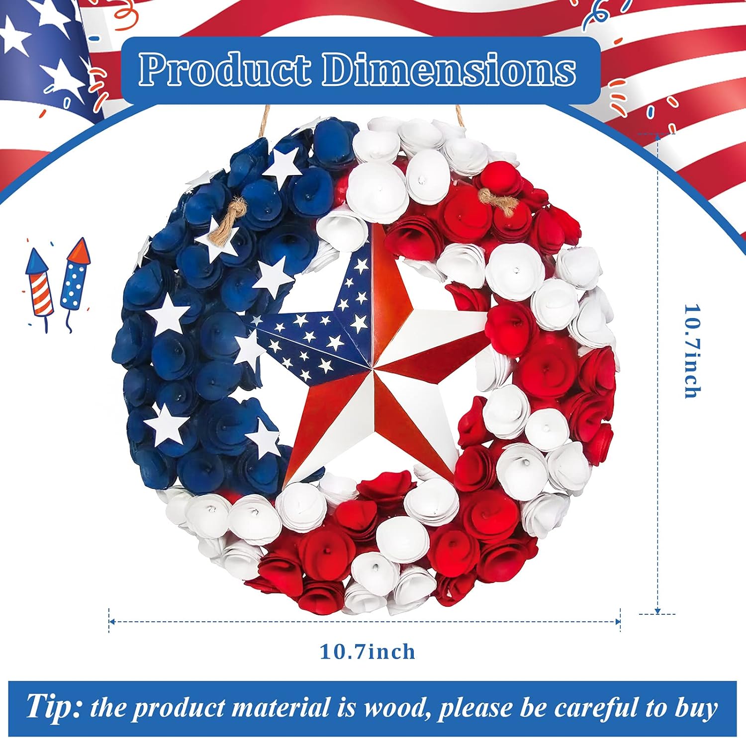 Jetec 4th of July Wooden Patriotic Hanging Sign with Rope