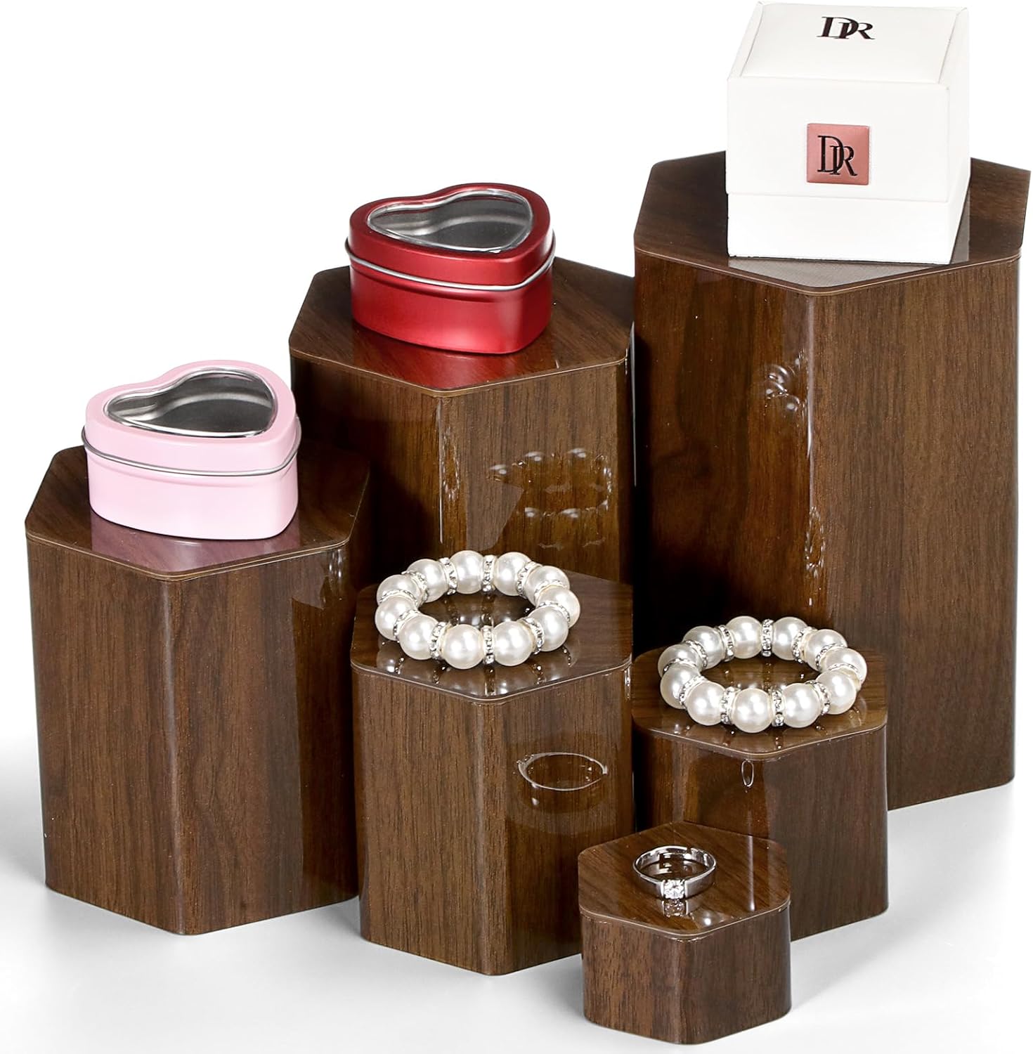 Jetec 12 Pcs Acrylic Hexagonal Jewelry Display Risers Brown