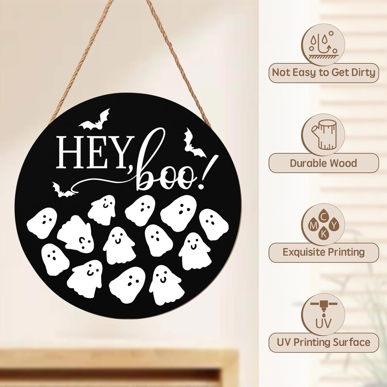 Hey Boo Halloween Wreath 12x12 Inch Wood Door Hanger