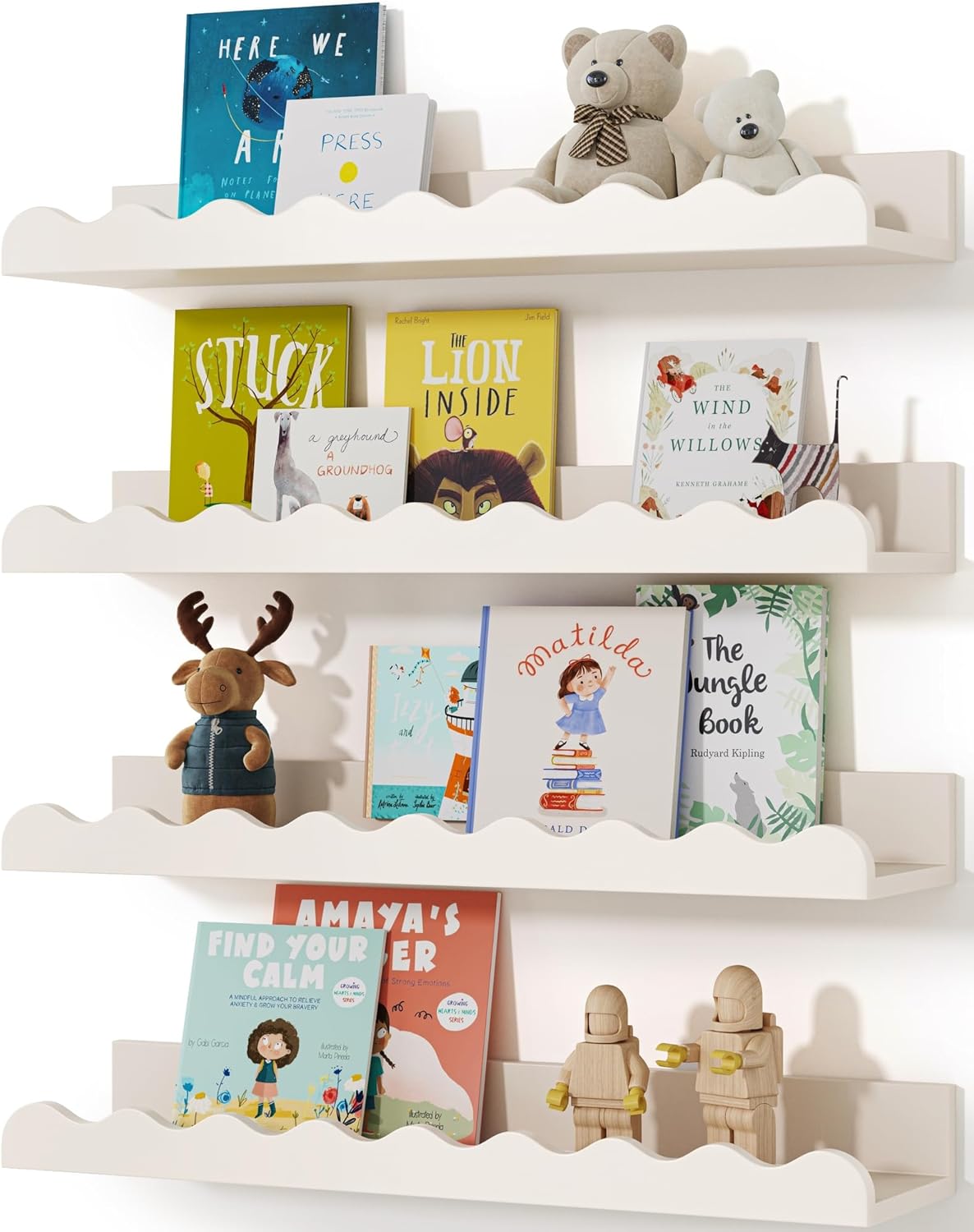 Kids Bookshelf Set of 4 White Floating Wall Shelves