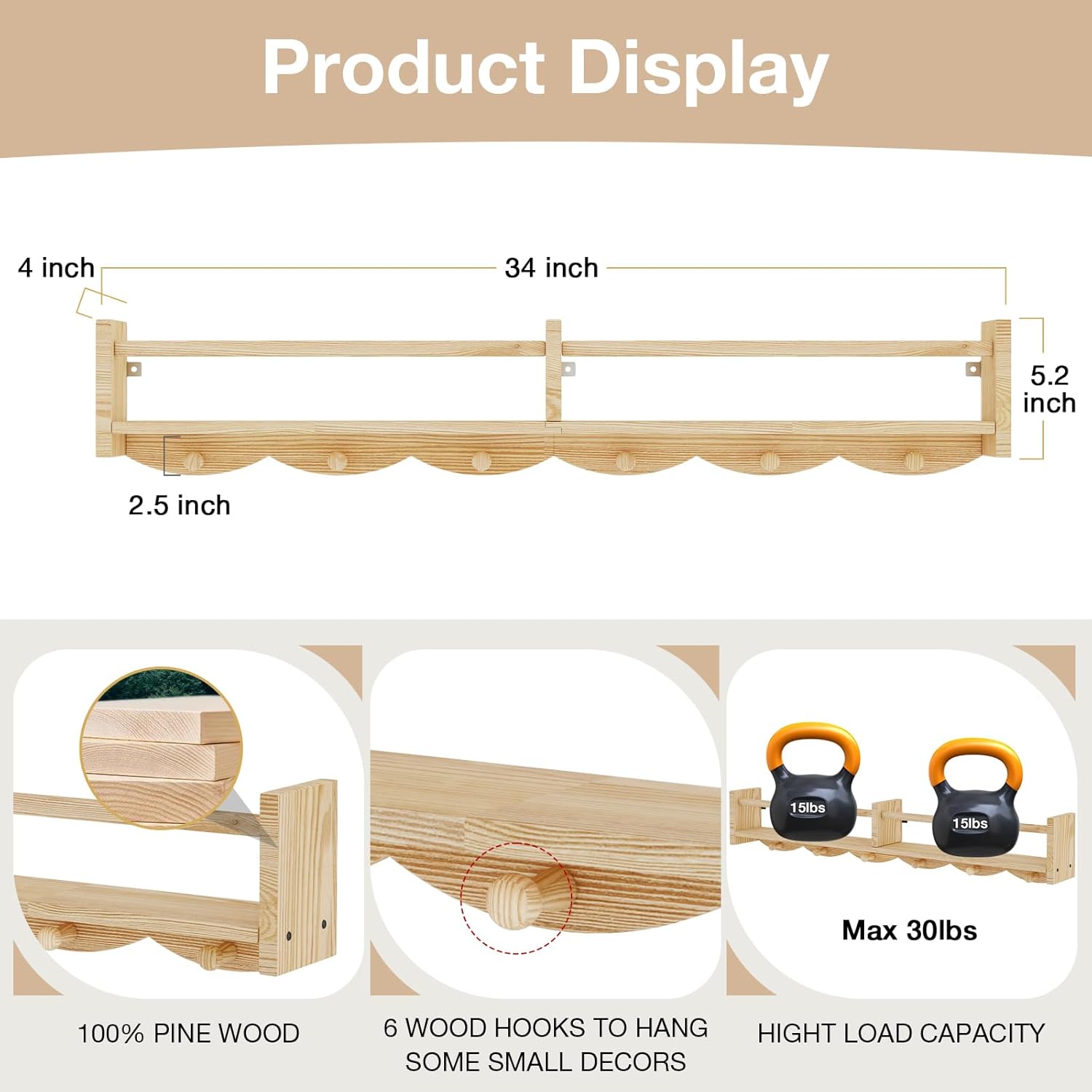34 Inch Wall Floating Bookshelf Set of 4 with Hooks