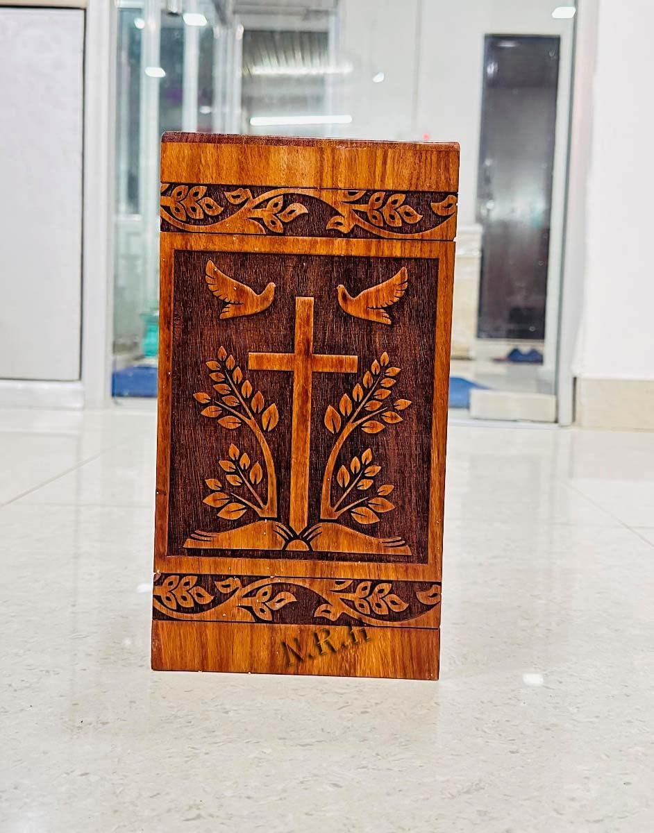 Carved Cross Jesus Book Rosewood Cremation Urn 11x6x6