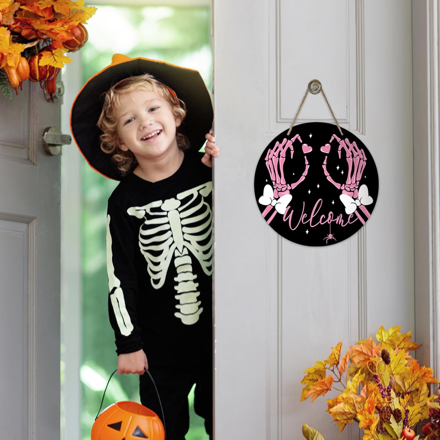 Welcome Halloween Gothic Pink Skeleton Hands Front Door Sign