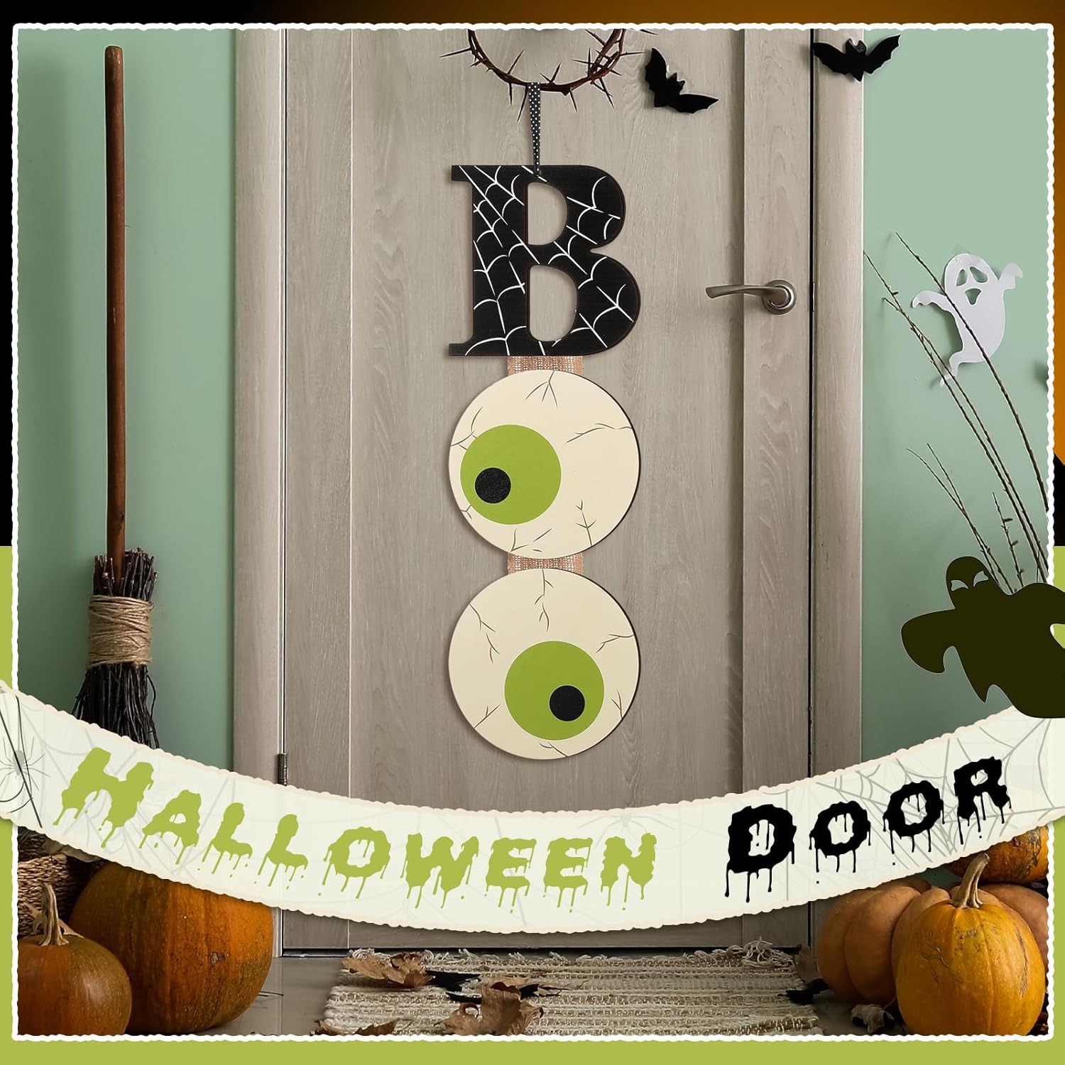 Halloween Boo Door Sign 25x8 Inch Wooden Decor Set