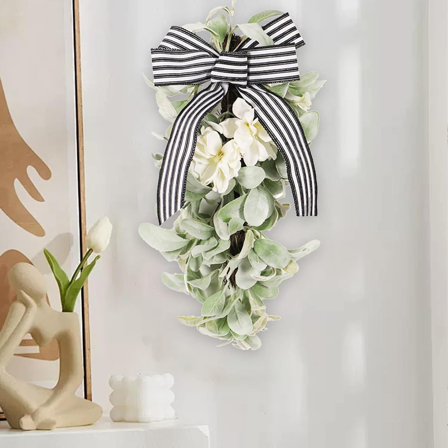 197in Artificial Lamb Ear Teardrop Swag with Magnolia Flowers and Bow