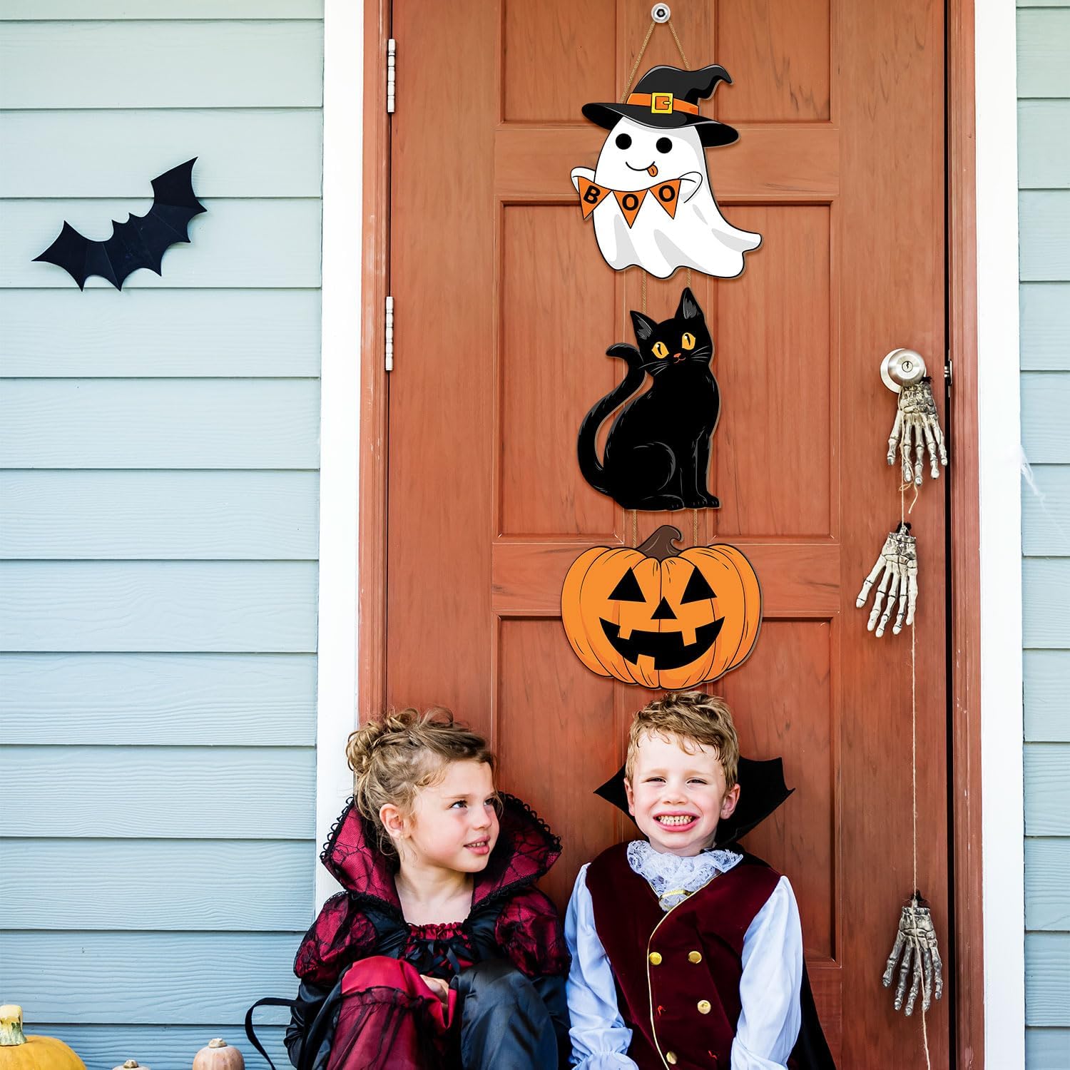 Halloween Decor Wooden Sign with Ghost and Cat