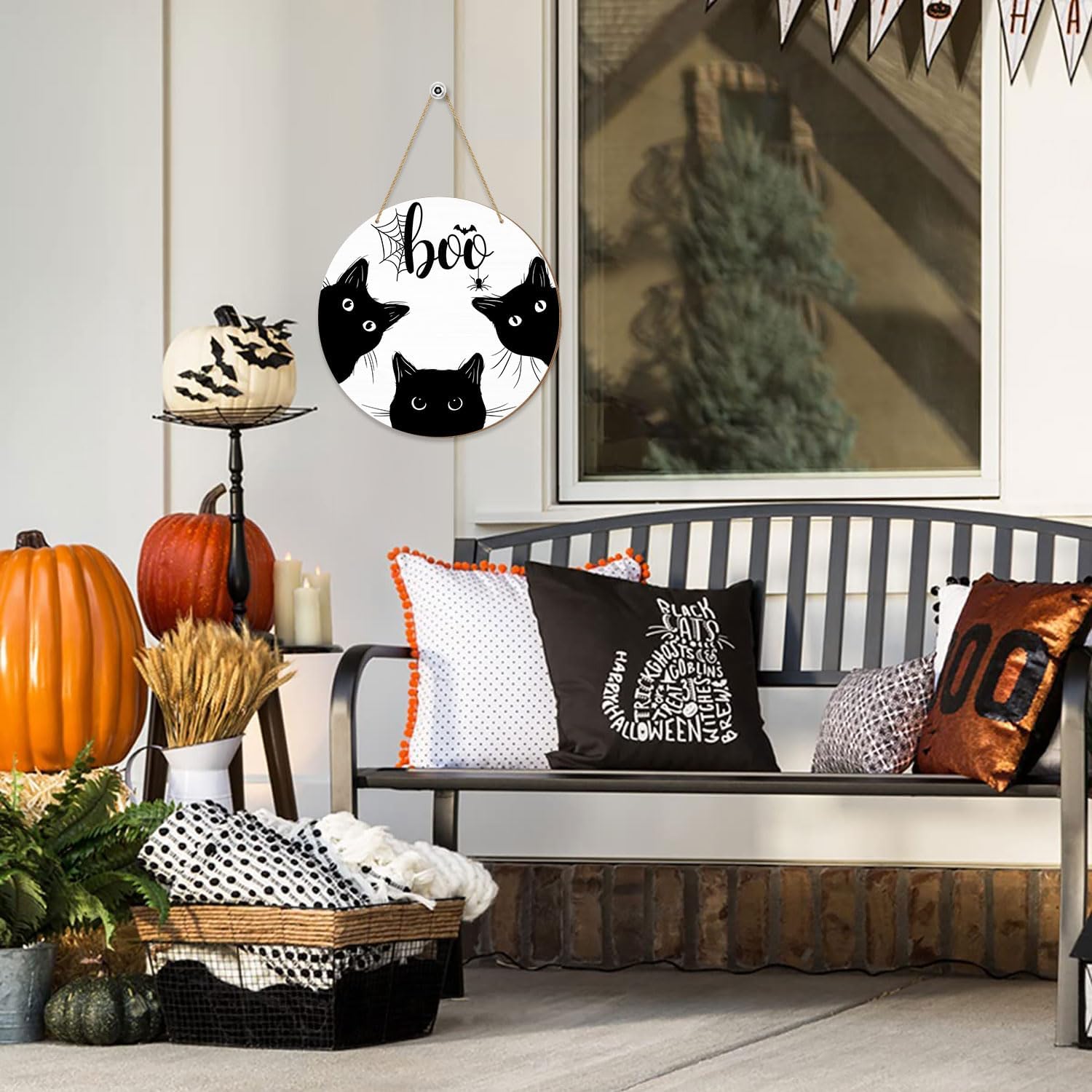 Halloween Black Cat Door Sign with BOO Text