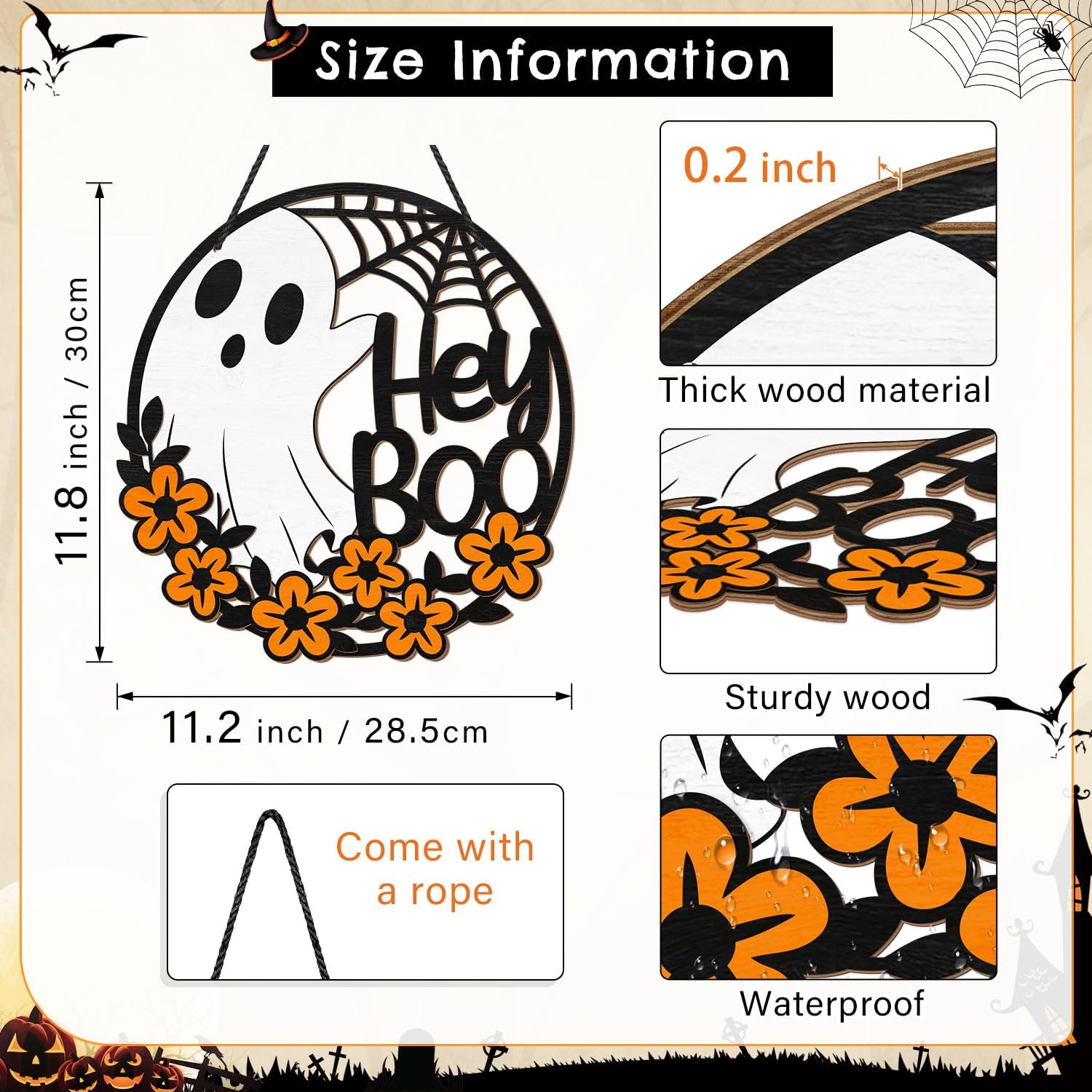 Halloween Hey Boo Ghost Flower Door Sign Decor