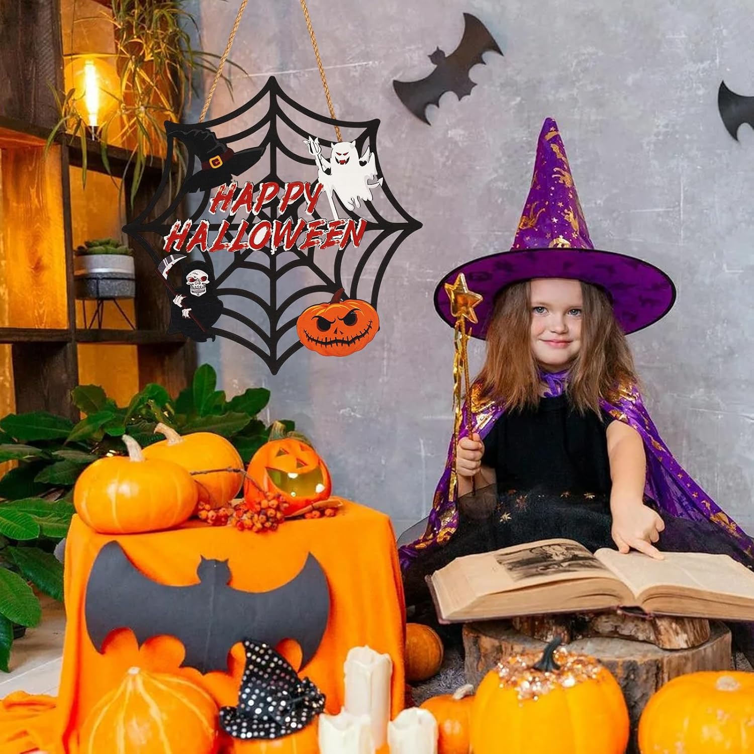 2PACK Halloween Door Sign with Spider Web and Pumpkin Design