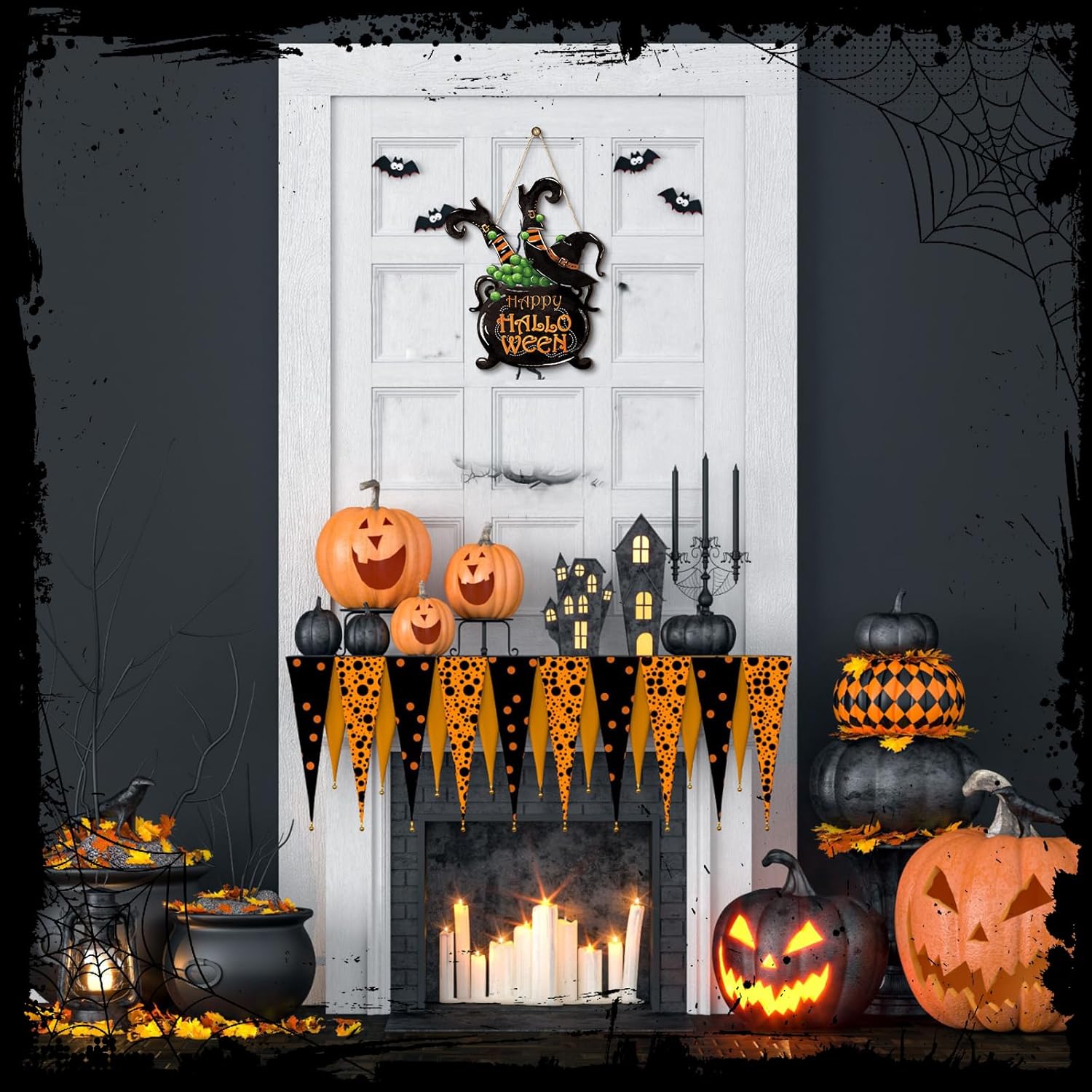Barydat Halloween Welcome Door Sign Skeleton Pumpkin Wreath Decor