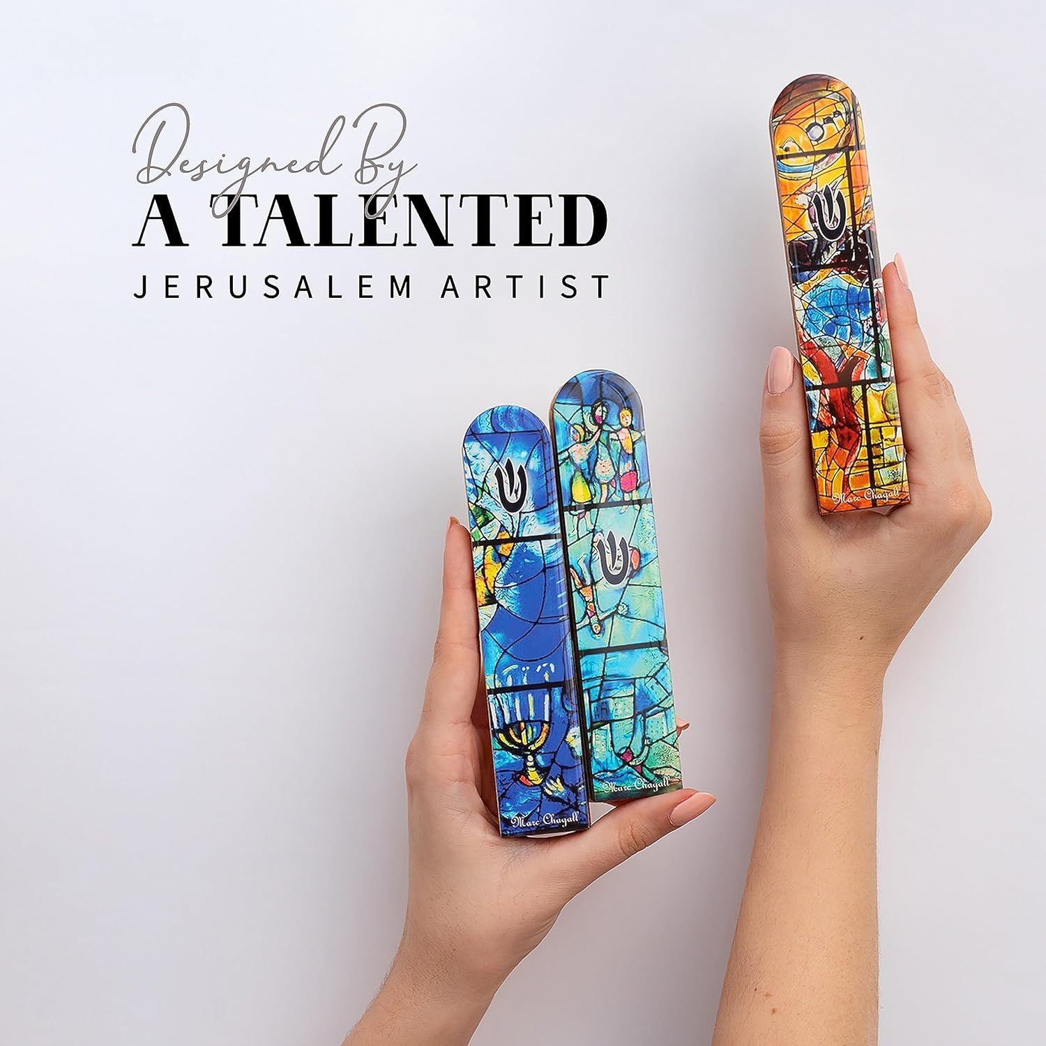 SURI Wooden Mezuzah with Turquoise Design 5 Easy Install Judaica