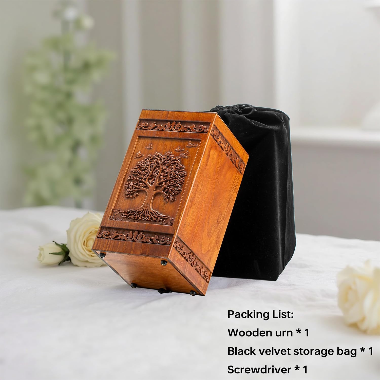 Tree of Life Wooden Urn for Human Ashes - 250 lbs Capacity