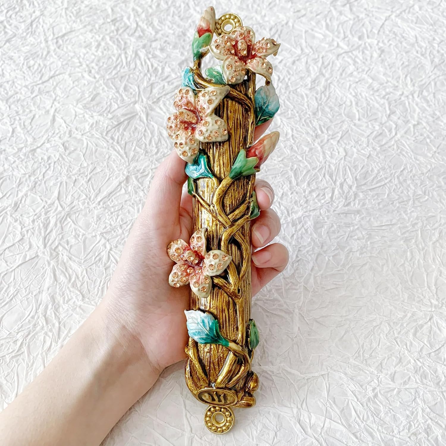 Hand Painted Mezuzah with Enamel Design and Scroll