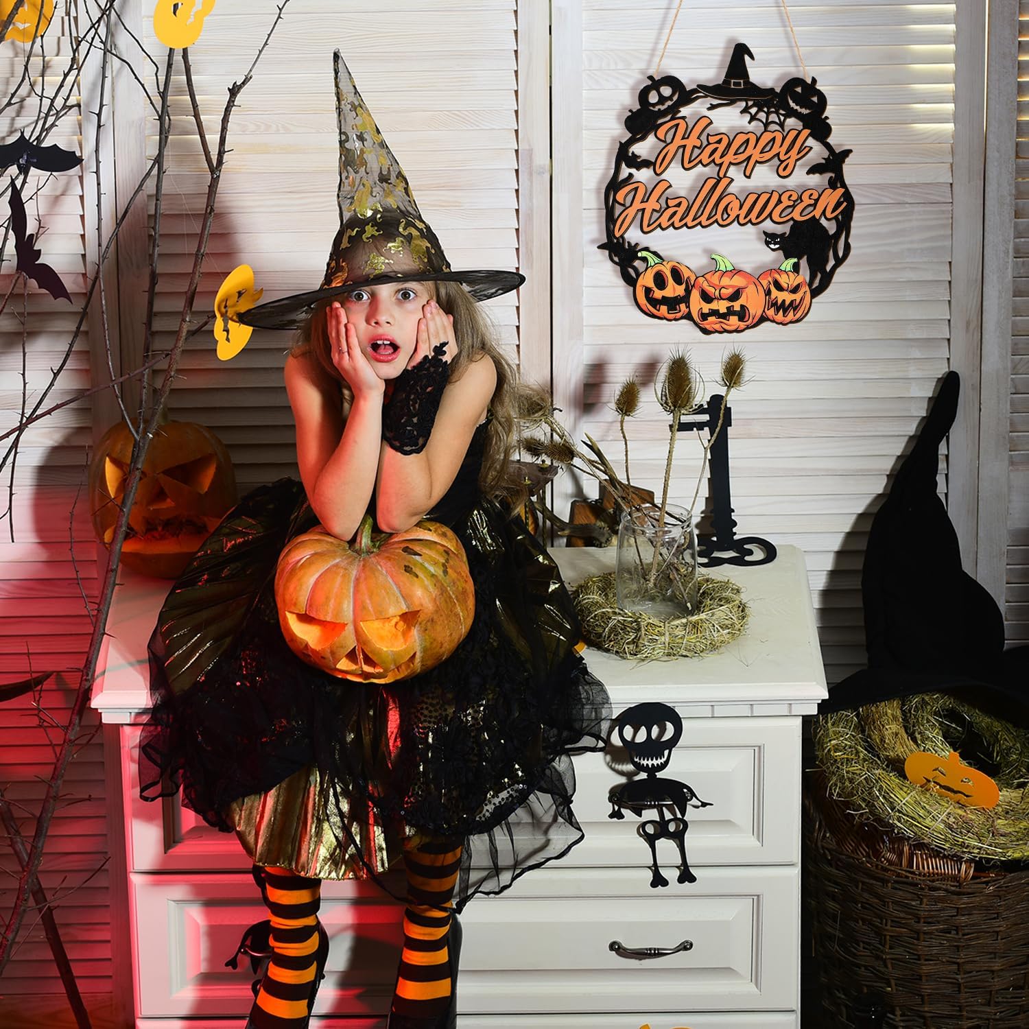 Sophena Halloween Door Wreath with Pumpkin and Black Cat Sign