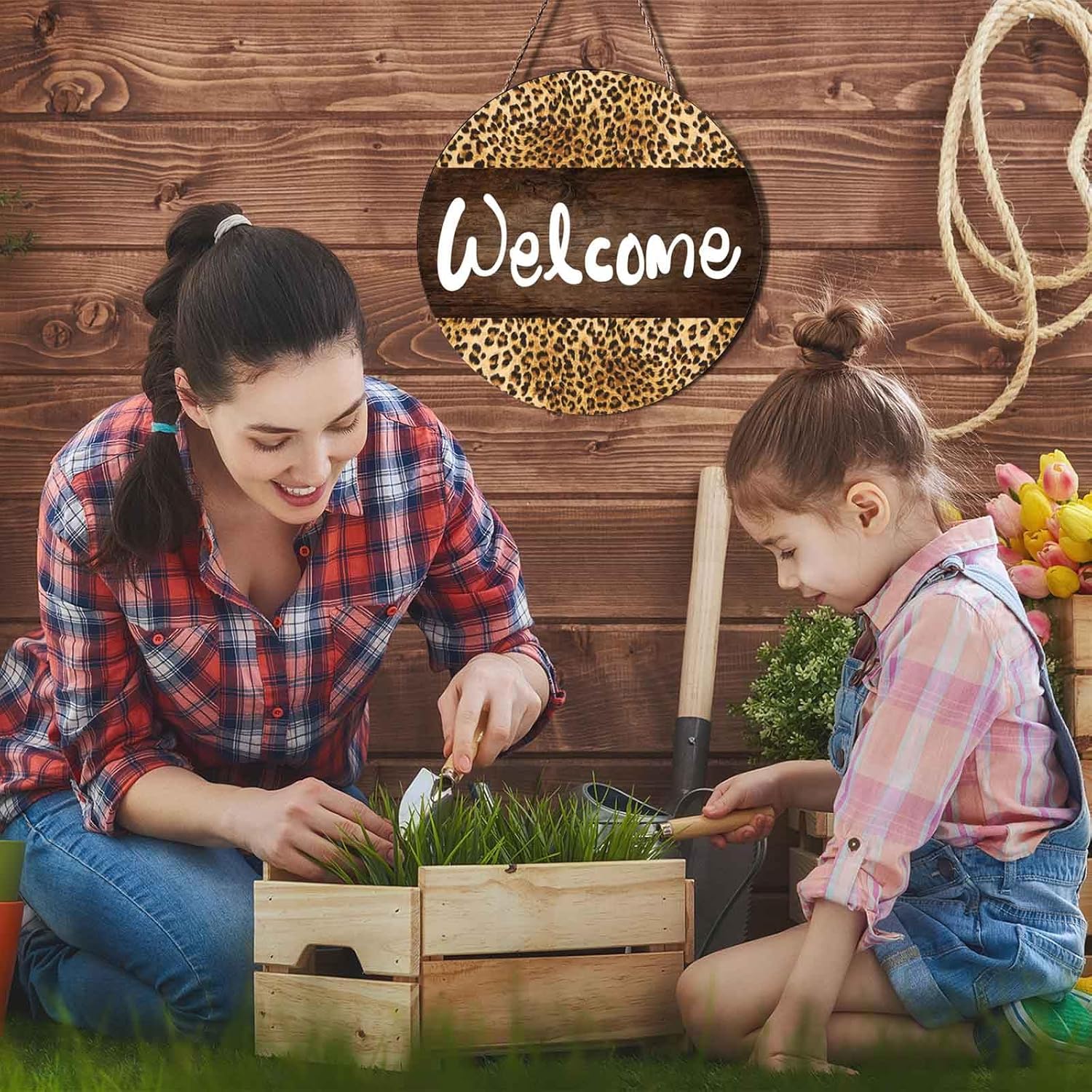 Welcome Leopard Wreath Door Sign 12x12 Inch