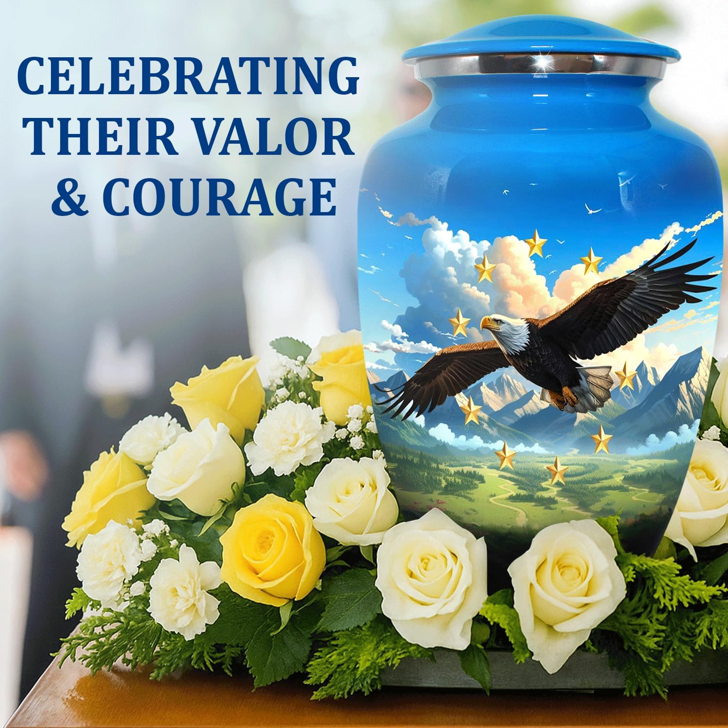 Eagle Flag Cremation Urn for Adult Male - Patriotic Cobalt Blue Large