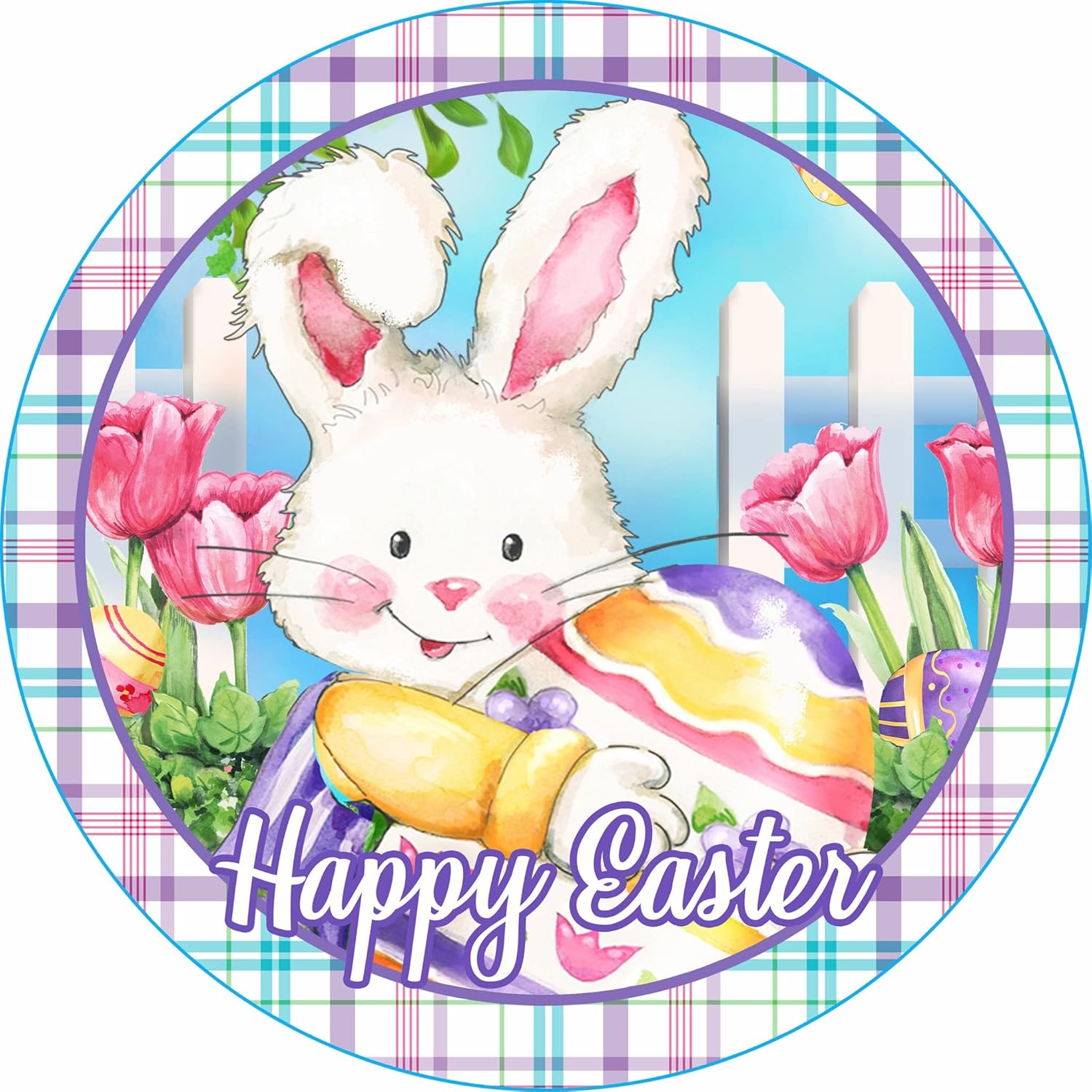Happy Easter Bunny Round Metal Sign Door Hanger Decor