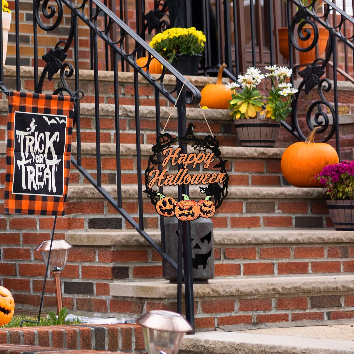 Sophena Halloween Door Wreath with Pumpkin and Black Cat Sign