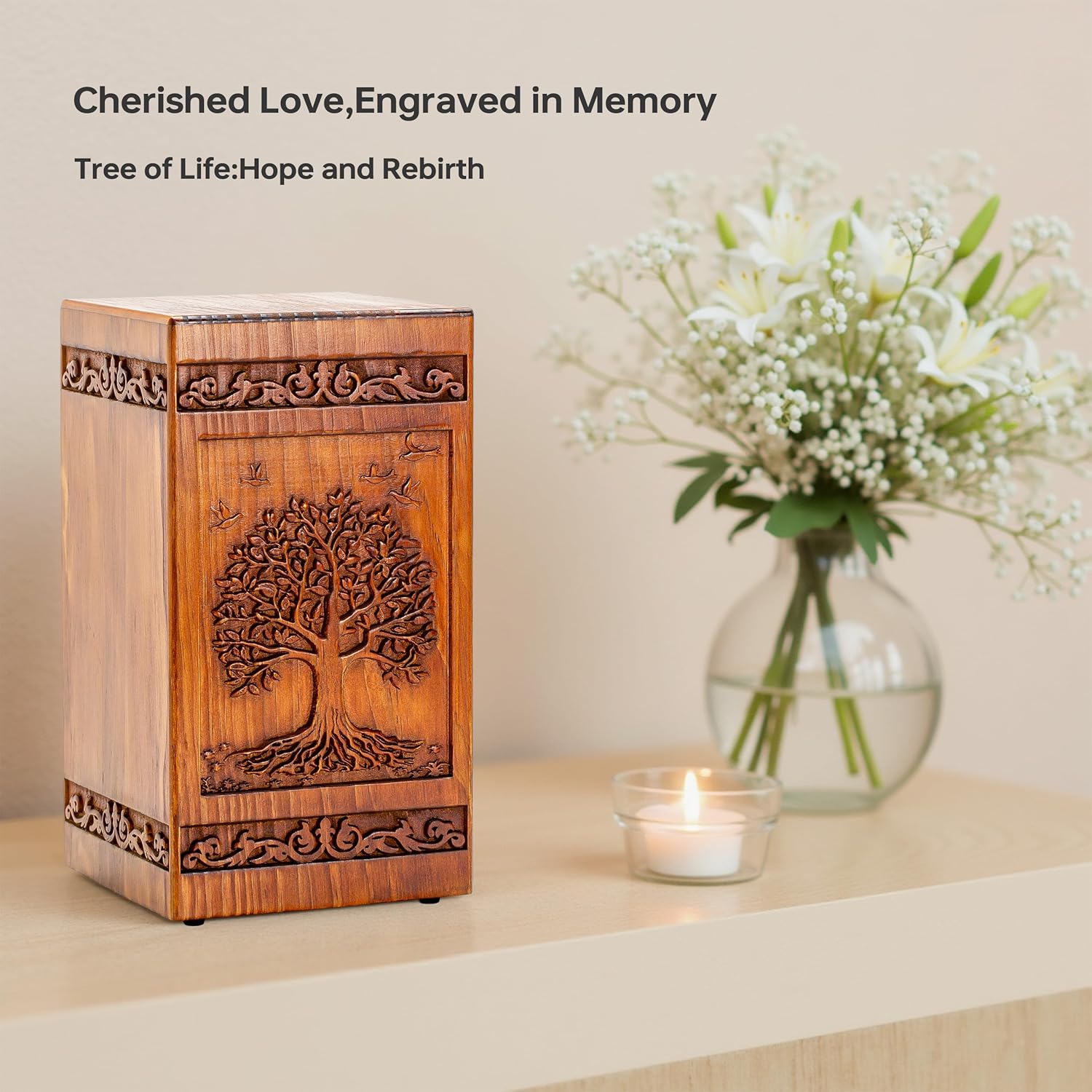 Tree of Life Wooden Urn for Human Ashes - 250 lbs Capacity