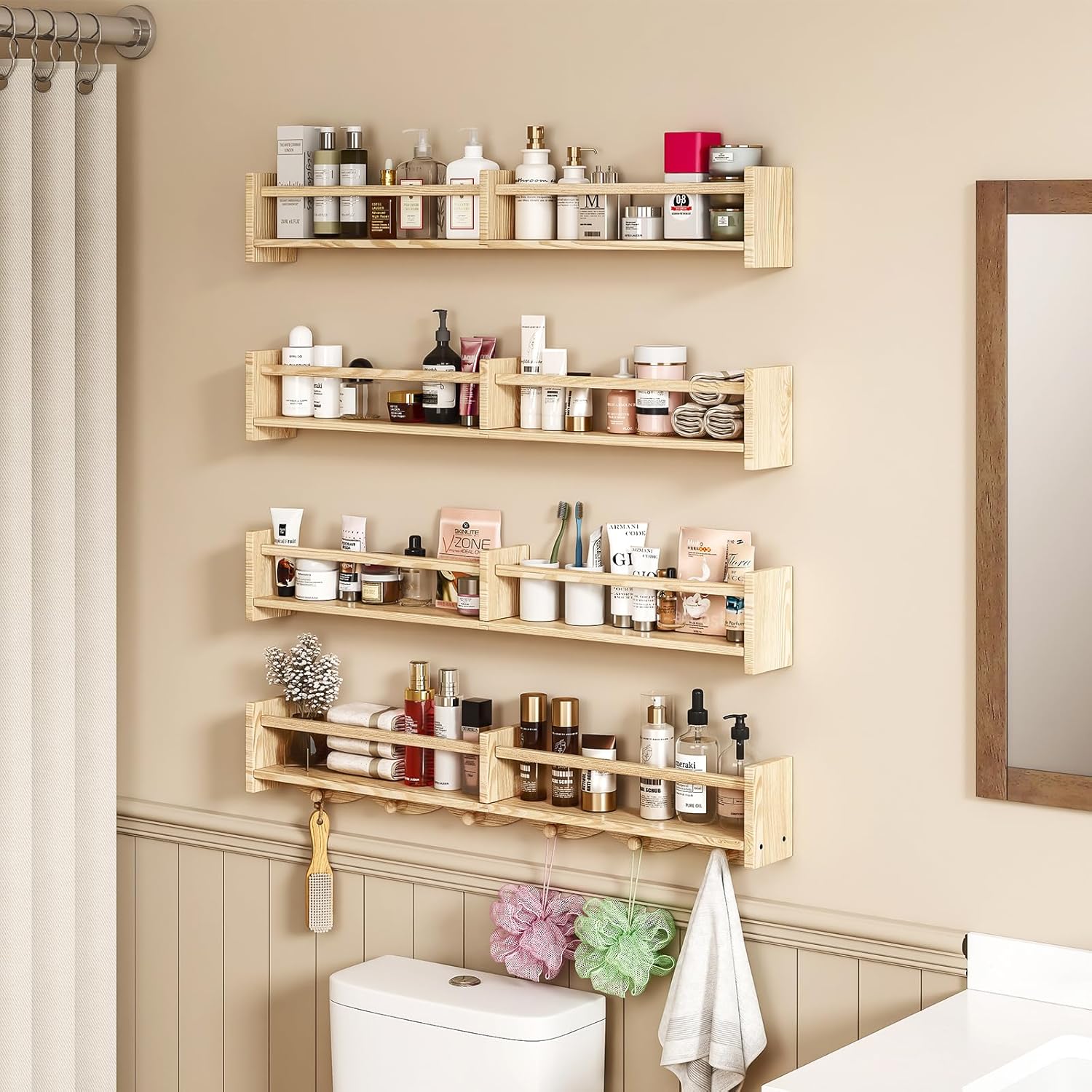 34 Inch Wall Floating Bookshelf Set of 4 with Hooks