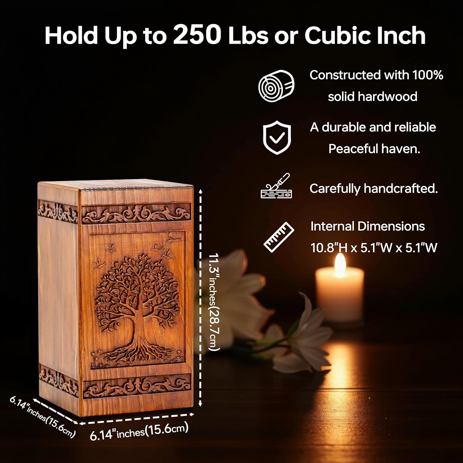 Tree of Life Wooden Urn for Human Ashes - 250 lbs Capacity