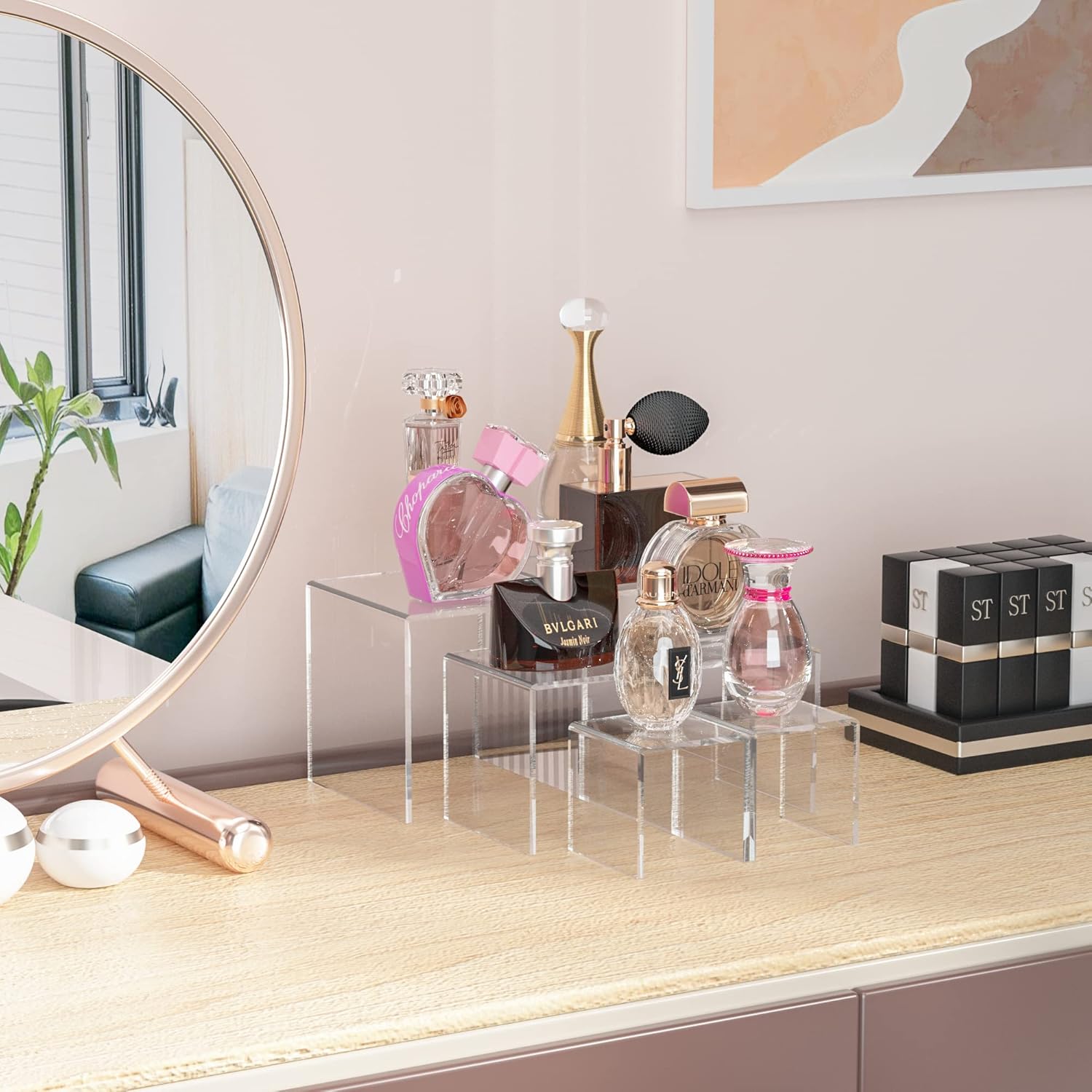 Square Acrylic Shelf Risers 3pcs - Clear Display Stand for Collectibles