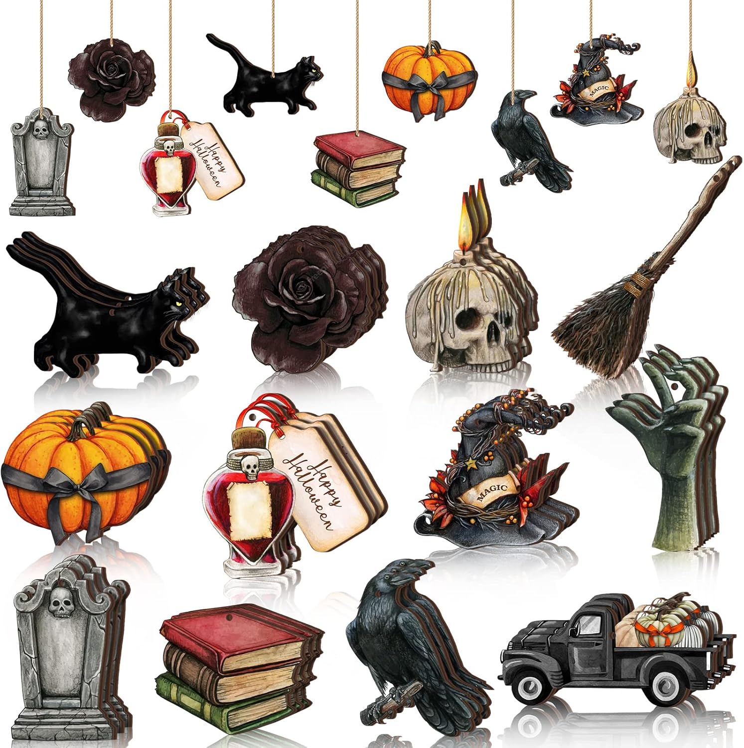 Maitys 36 Pcs Halloween Wooden Ornaments for Tree Decorations